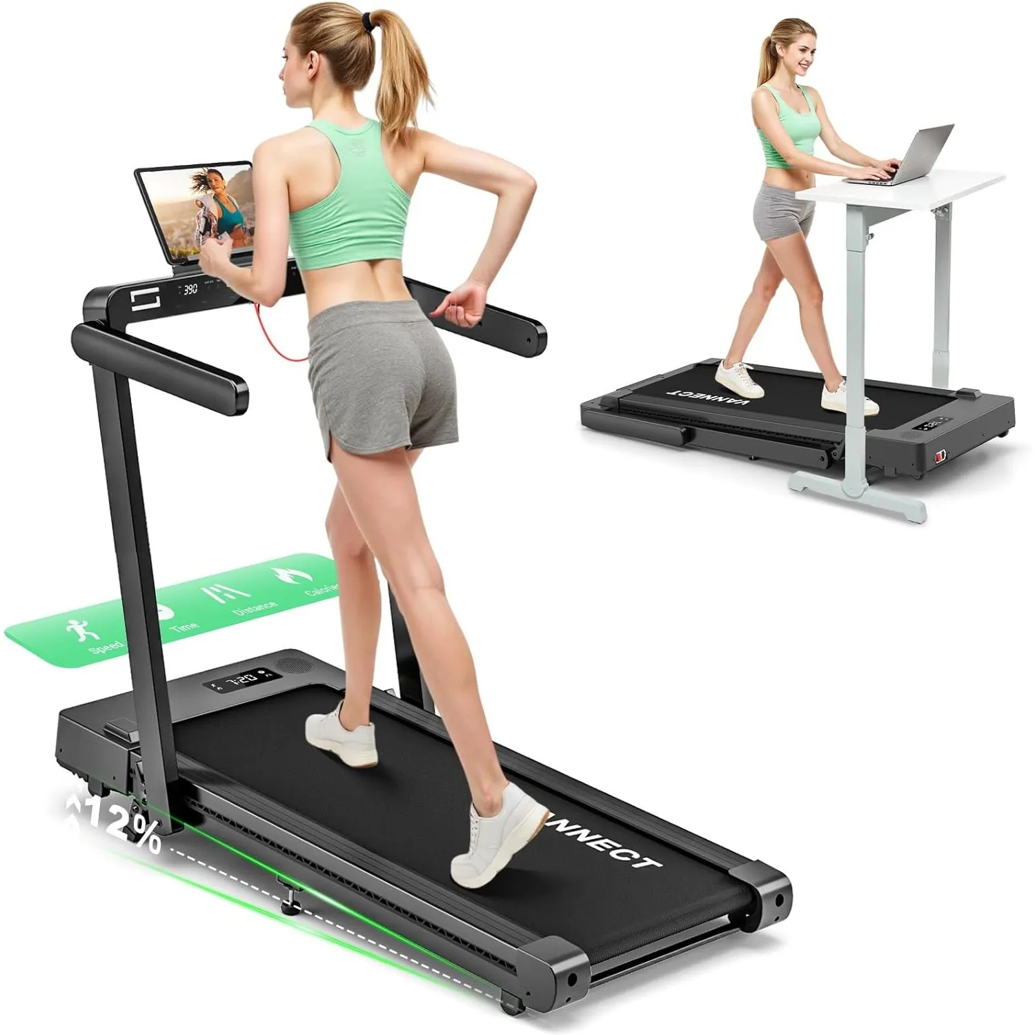 5 IN 1 Laufband für Zuhause und App, 1-14 KM/H Klappbares Laufbänder mit 12% Steigung, 3,0HP Walking Pad mit LED-Anzeig…