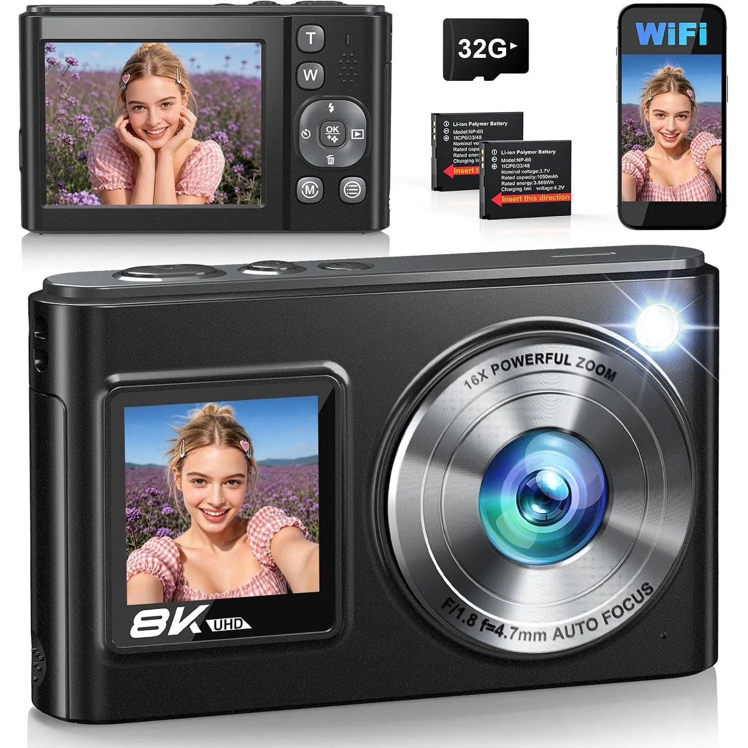 2026 Neueste Digitalkamera 8K 96MP Vlogging Kamera mit WLAN, Dual-Display Autofokus Bildstabilisator Kompaktkamera für …