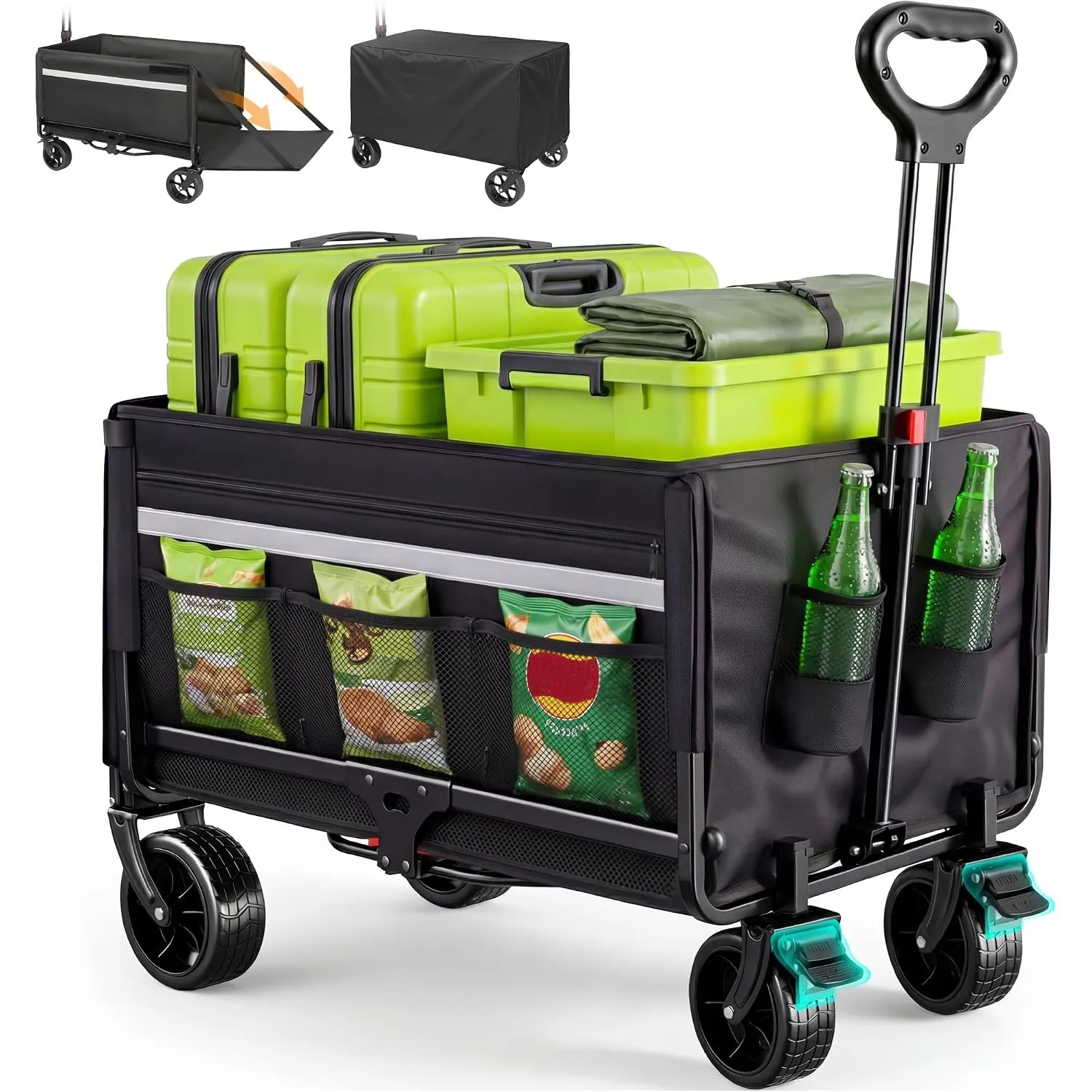 Bollerwagen Faltbar 120L+, Bis 150kg mit Heckklappe, Regenschutz, Bremsen