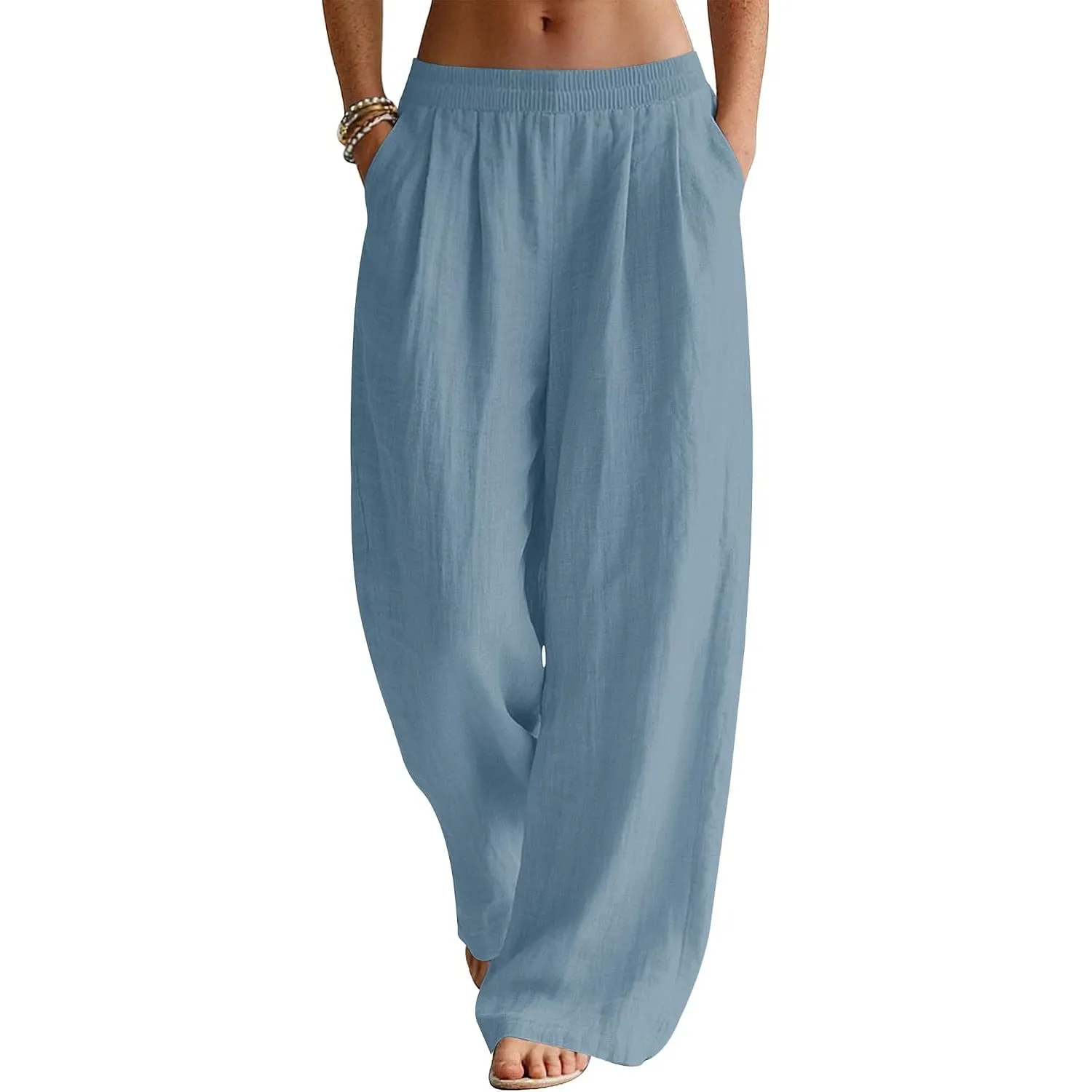 Rapbin Leinenhose Damen Sommerhose Leicht Weite Stoffhose mit Taschen