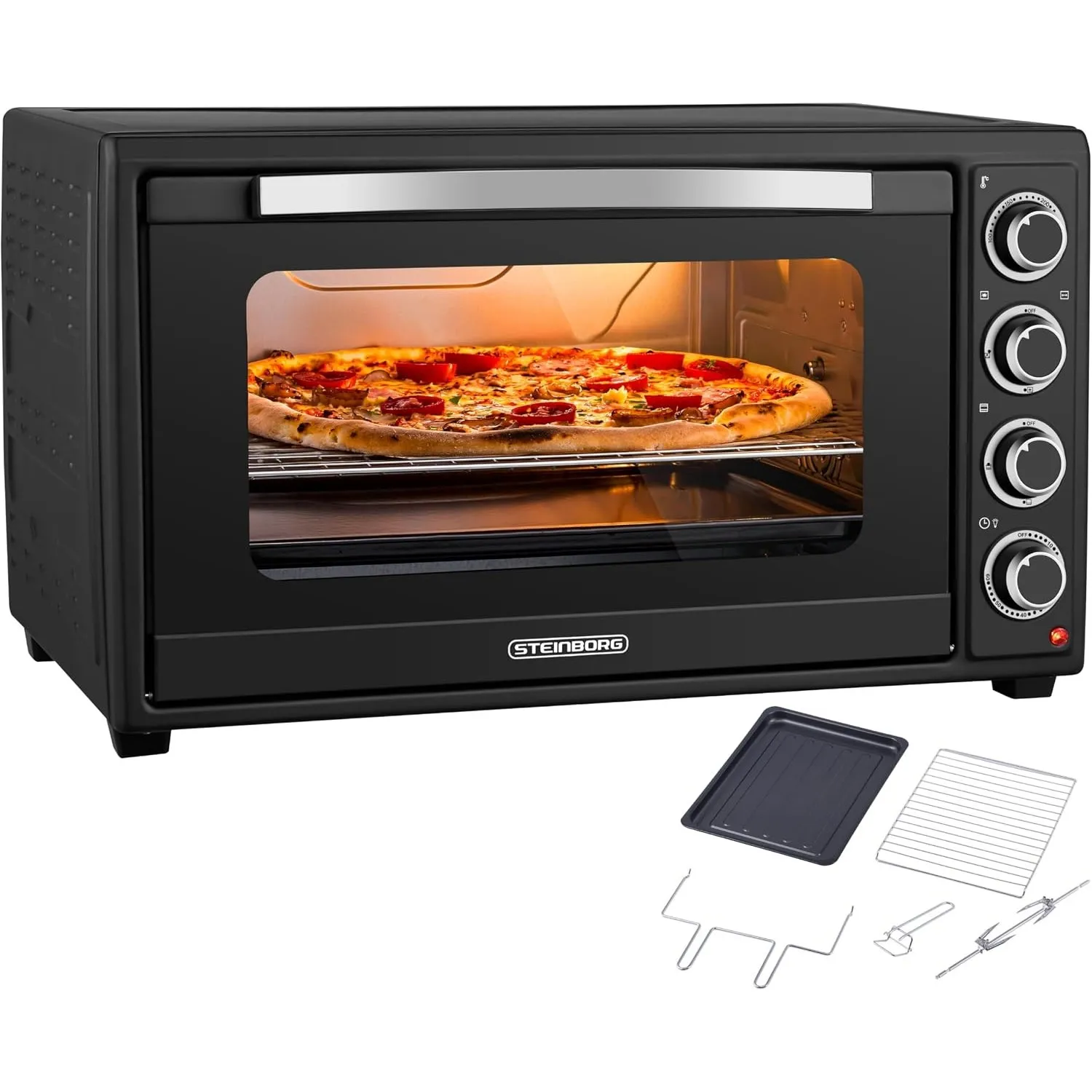 Steinborg® Mini Backofen 60 Liter mit Umluft & Drehspieß, 2000W Tischbackofen groß XXL, 100–230°C, 60 Min Timer, Ober-/…