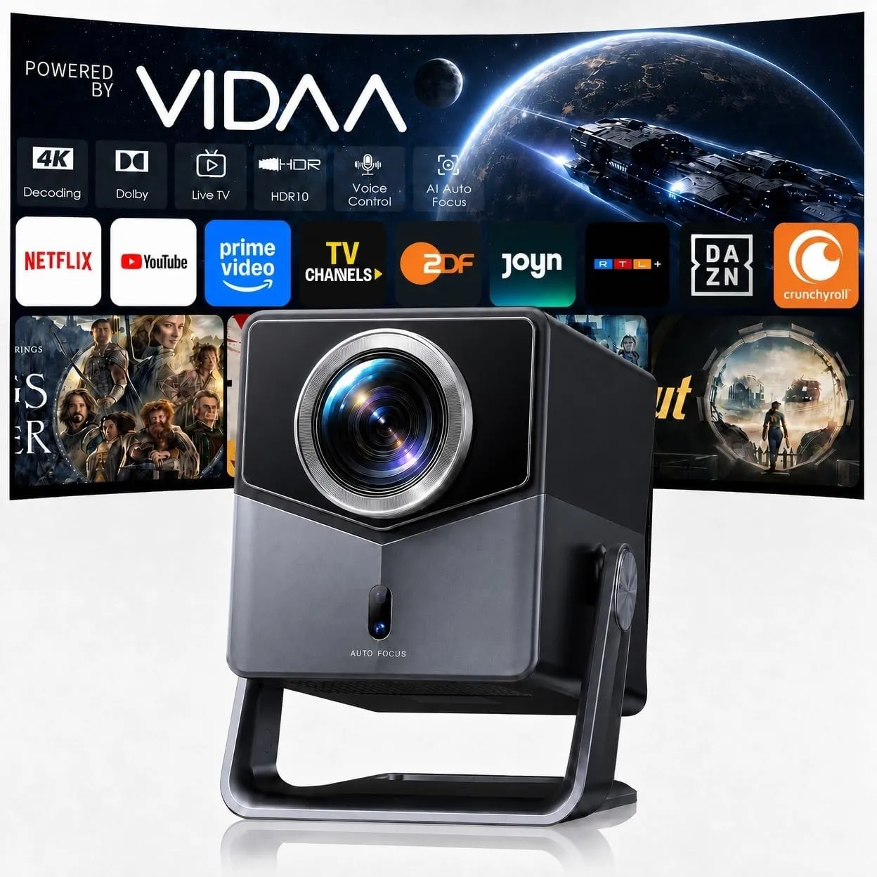 Beamer 4K [Schnellste VIDAA OS] Kompatibel mit Netflix & Dolby Audio, 1400ANSI 1080P Smart Beamer Heimkino Autofokus Tr…