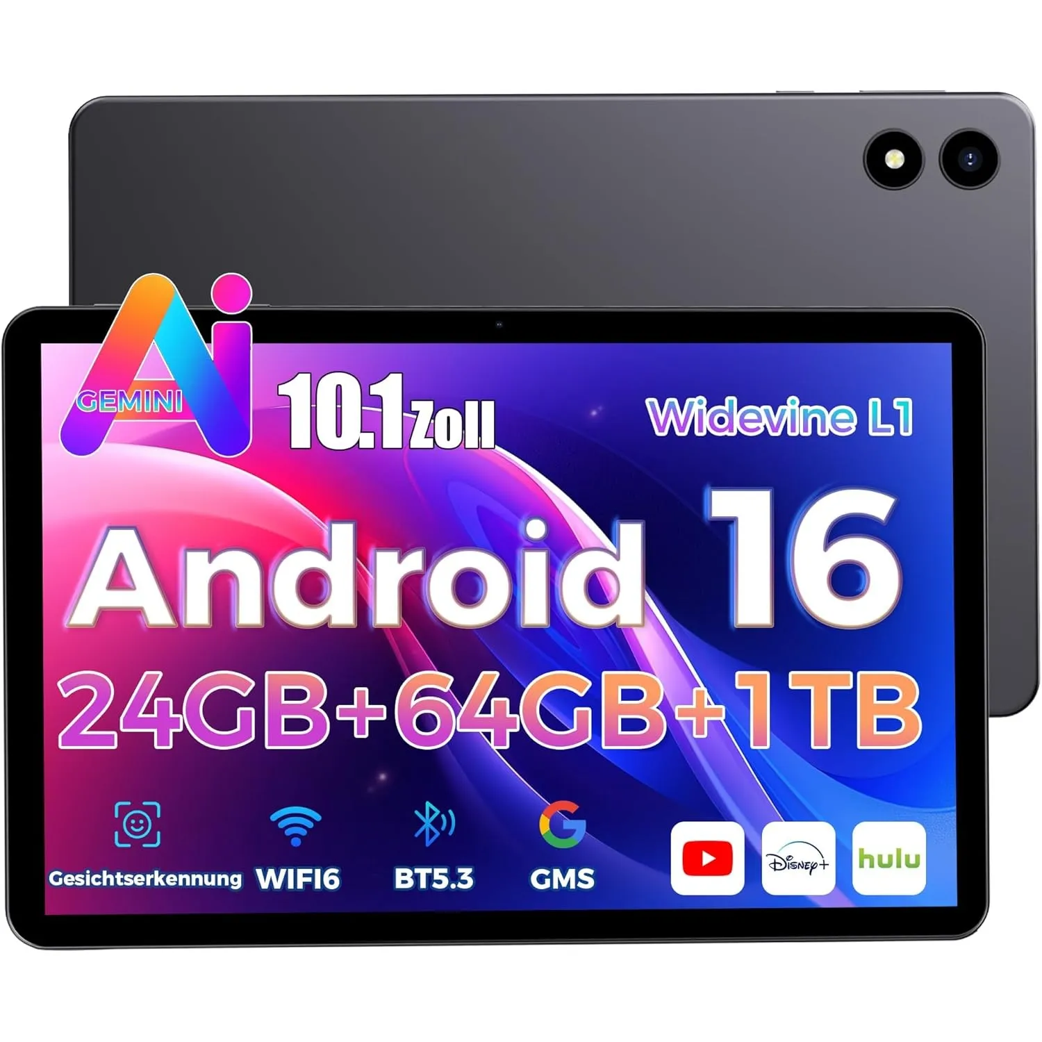 2026 Neuestes Tablet 10.1 Zoll Android 16 mit Gemini AI, 16GB RAM + 64GB ROM, GMS Widevine L1, WiFi 6 & BT 5.3, 6000mAh…