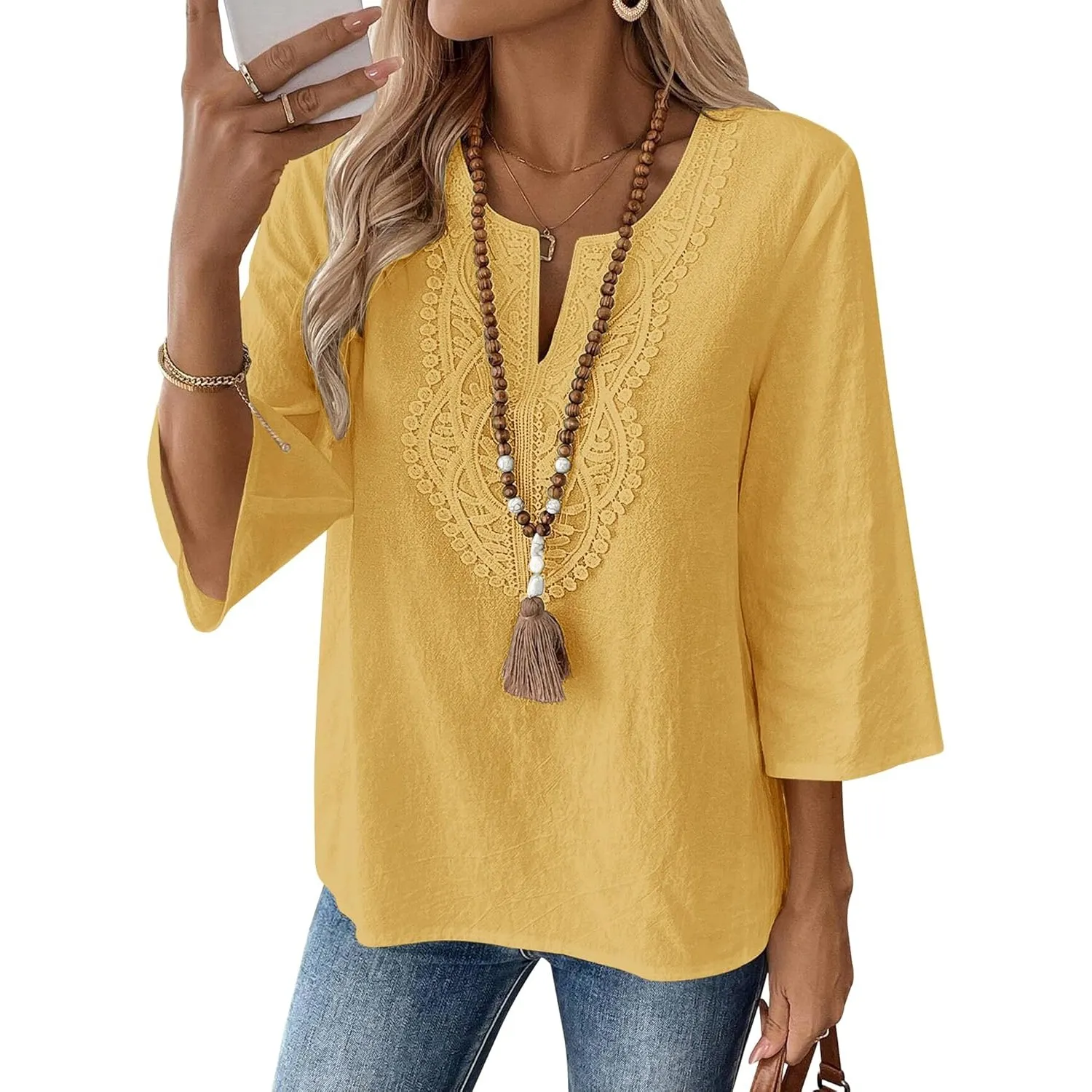 Rapbin Bluse Damen 3/4 Arm Elegant Oberteile V Ausschnitt Baumwolle Spitze Tops Shirt Casual Loose Fit Tunika