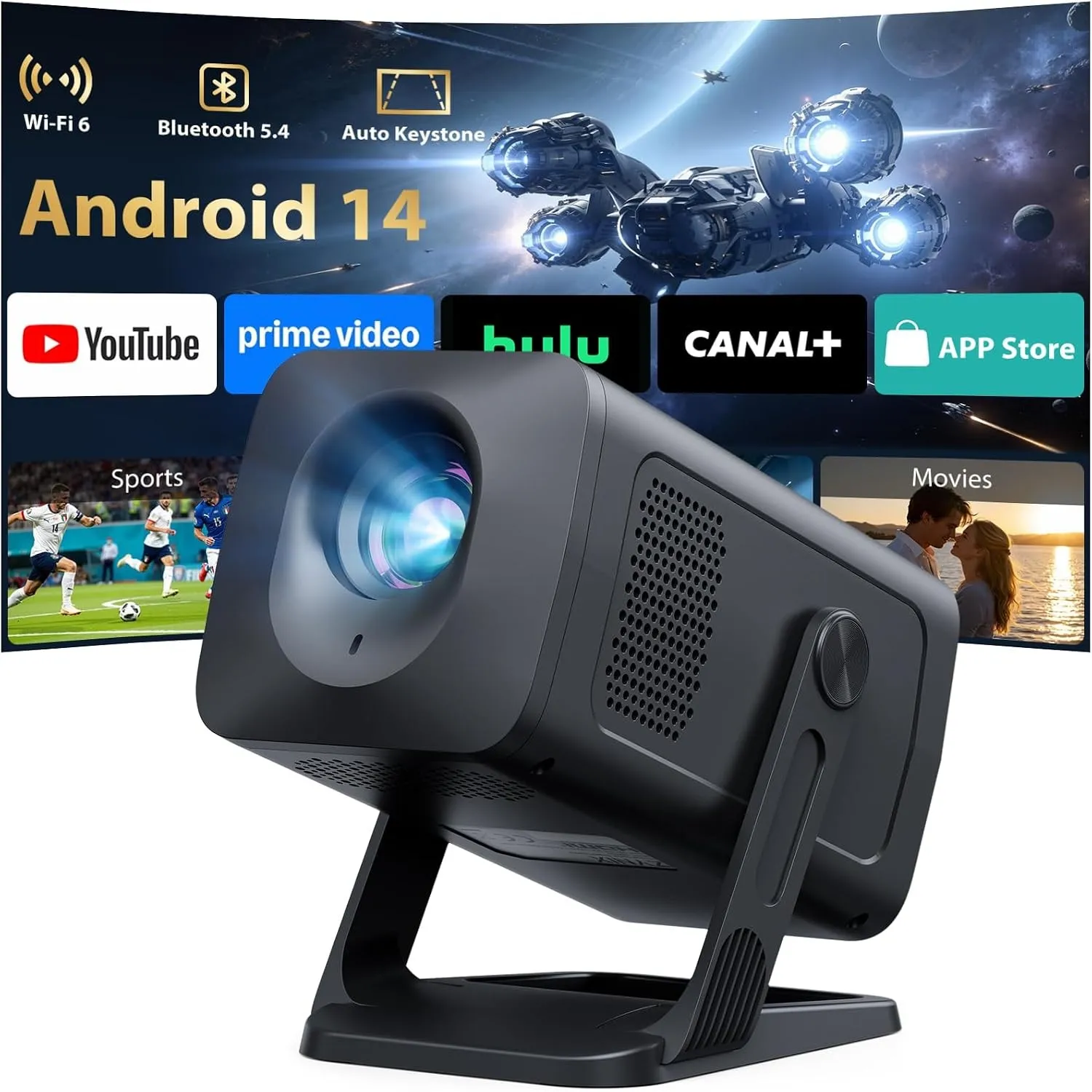 Mini Beamer mit Android 14 & Integrierte Apps, unterstützt 4K & 1080P