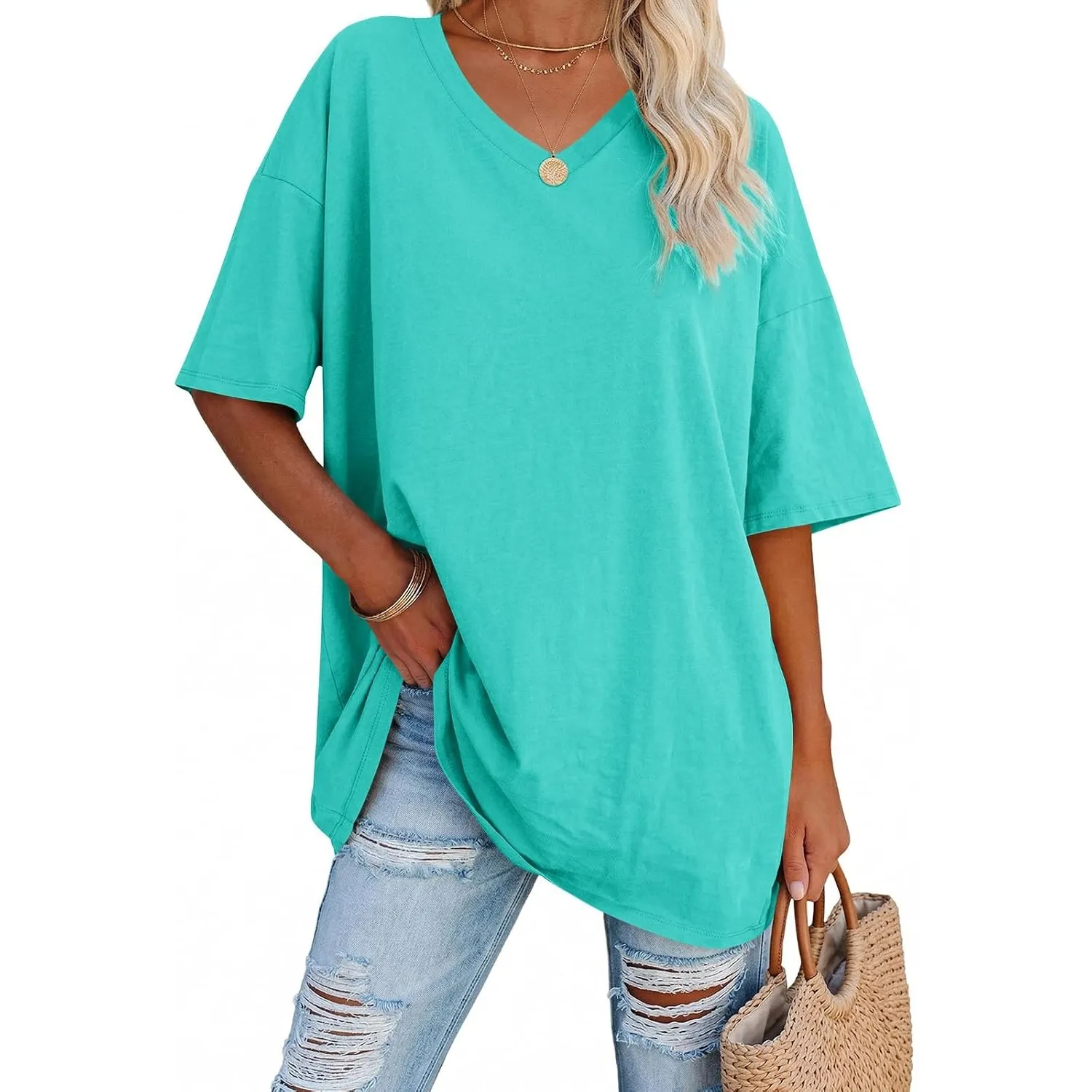 Ebifin Damen T Shirt Oversize Oberteile V-Ausschnitt