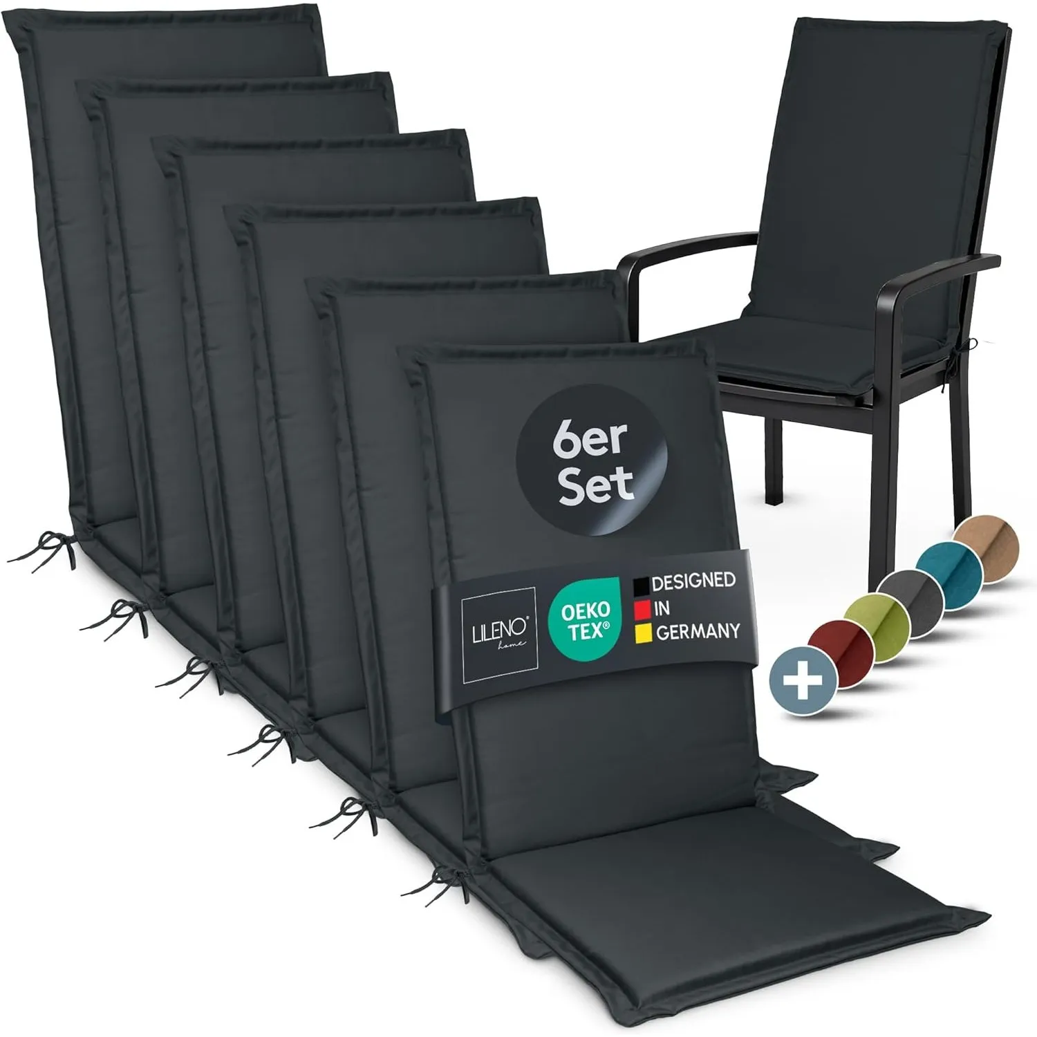 LILENO HOME Gartenstuhl Auflagen [6er Set - Hochlehner] in Anthrazit - Bequeme Liegen als Sitzauflagen für Gartenmöbel …