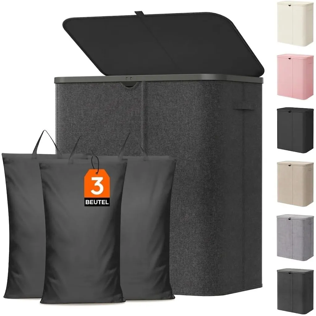 Lifewit 165L Wäschekorb mit Deckel und 3 Fächern, Dunkelgrau