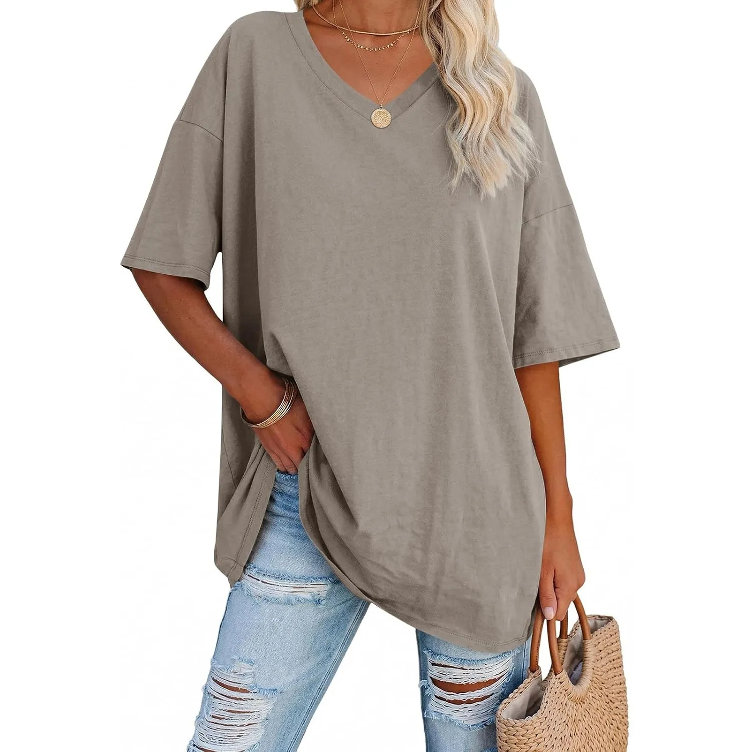 Ebifin Damen T Shirt Oversize Oberteile V-Ausschnitt