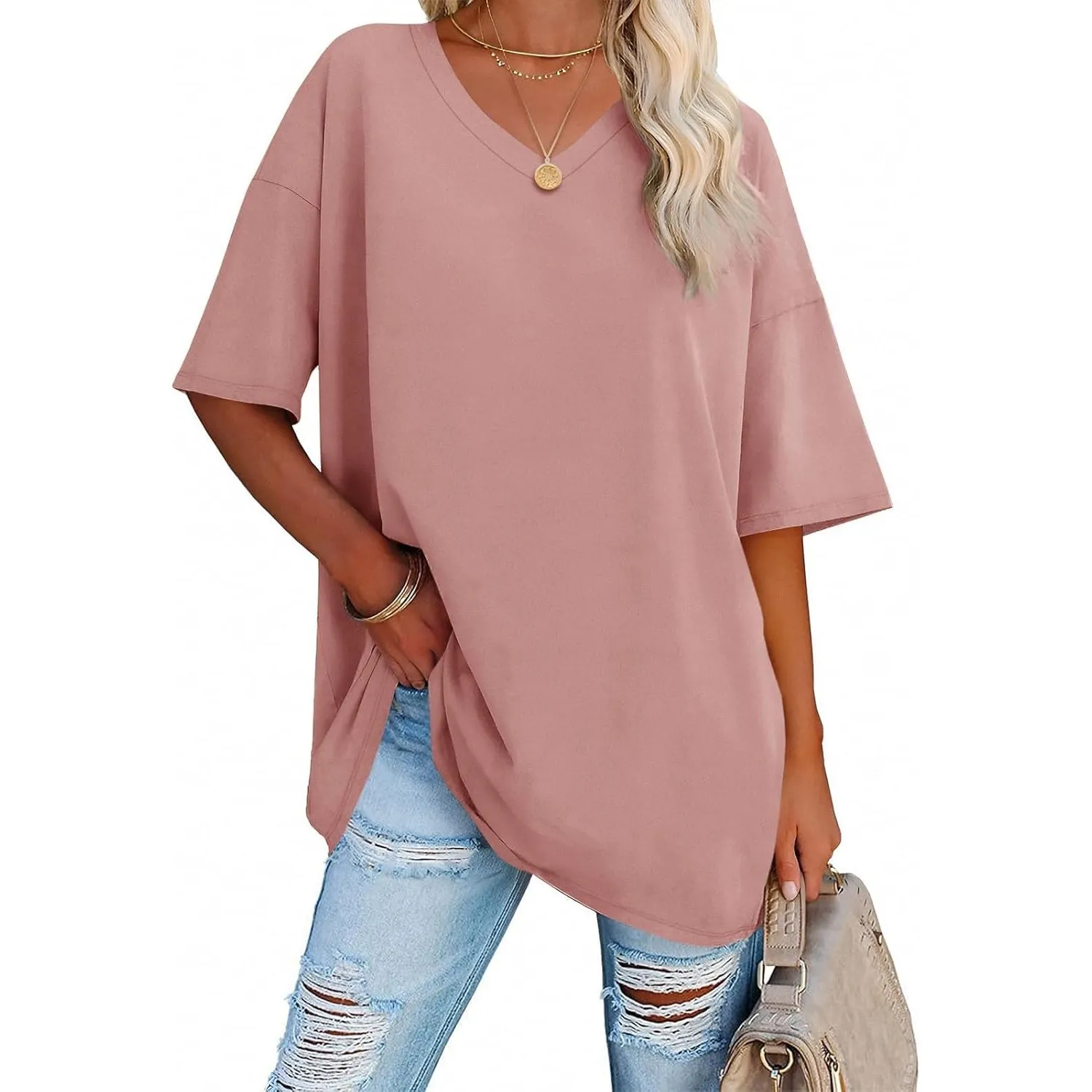 Ebifin Damen Oversize T Shirt mit V-Ausschnitt Kurzärmeliges Casual Lockere Basic Sommer Tee Shirts Bluse.