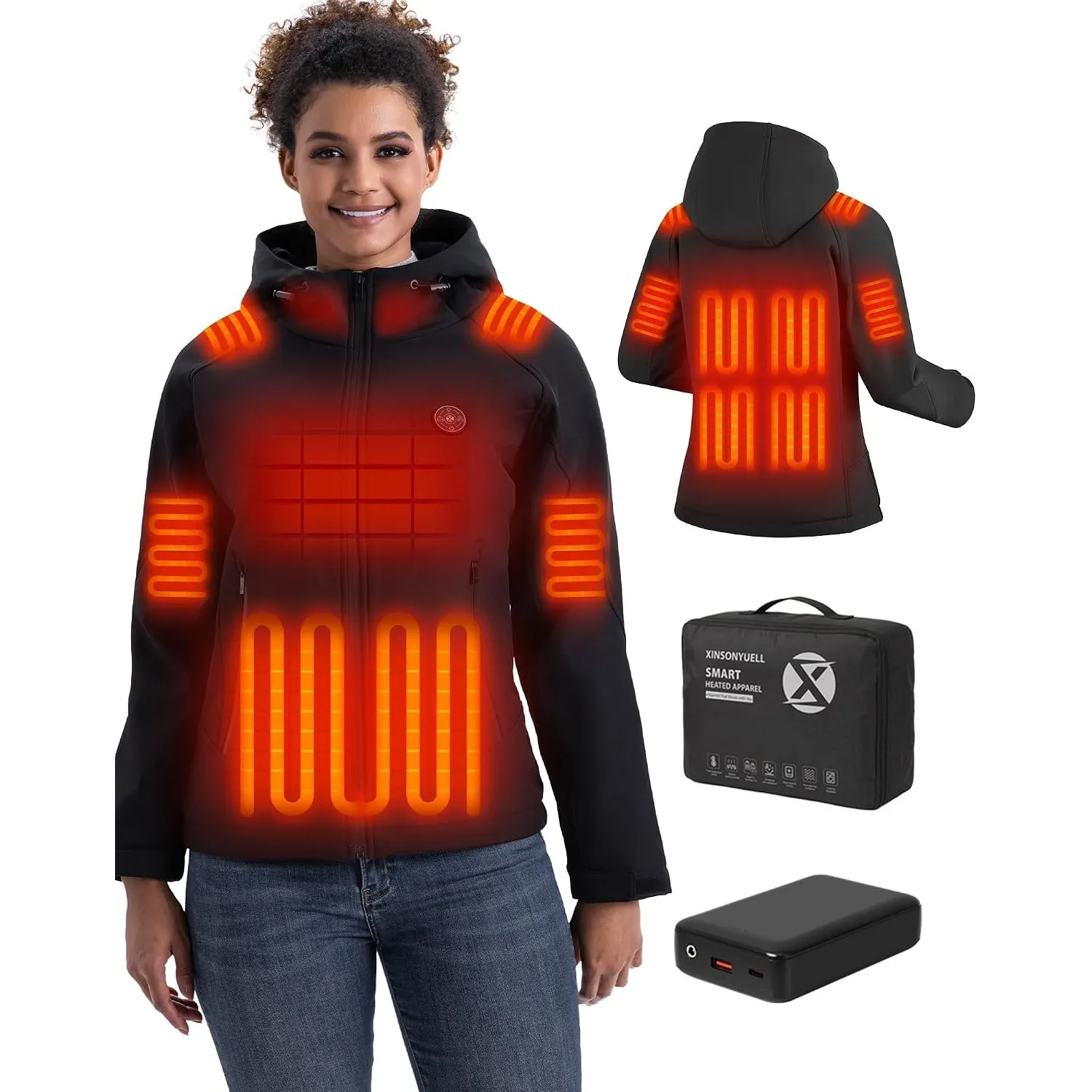 Heizjacke Damen mit Kapuze und 16000mAh Powerbank, Beheizbare Jacke Damen