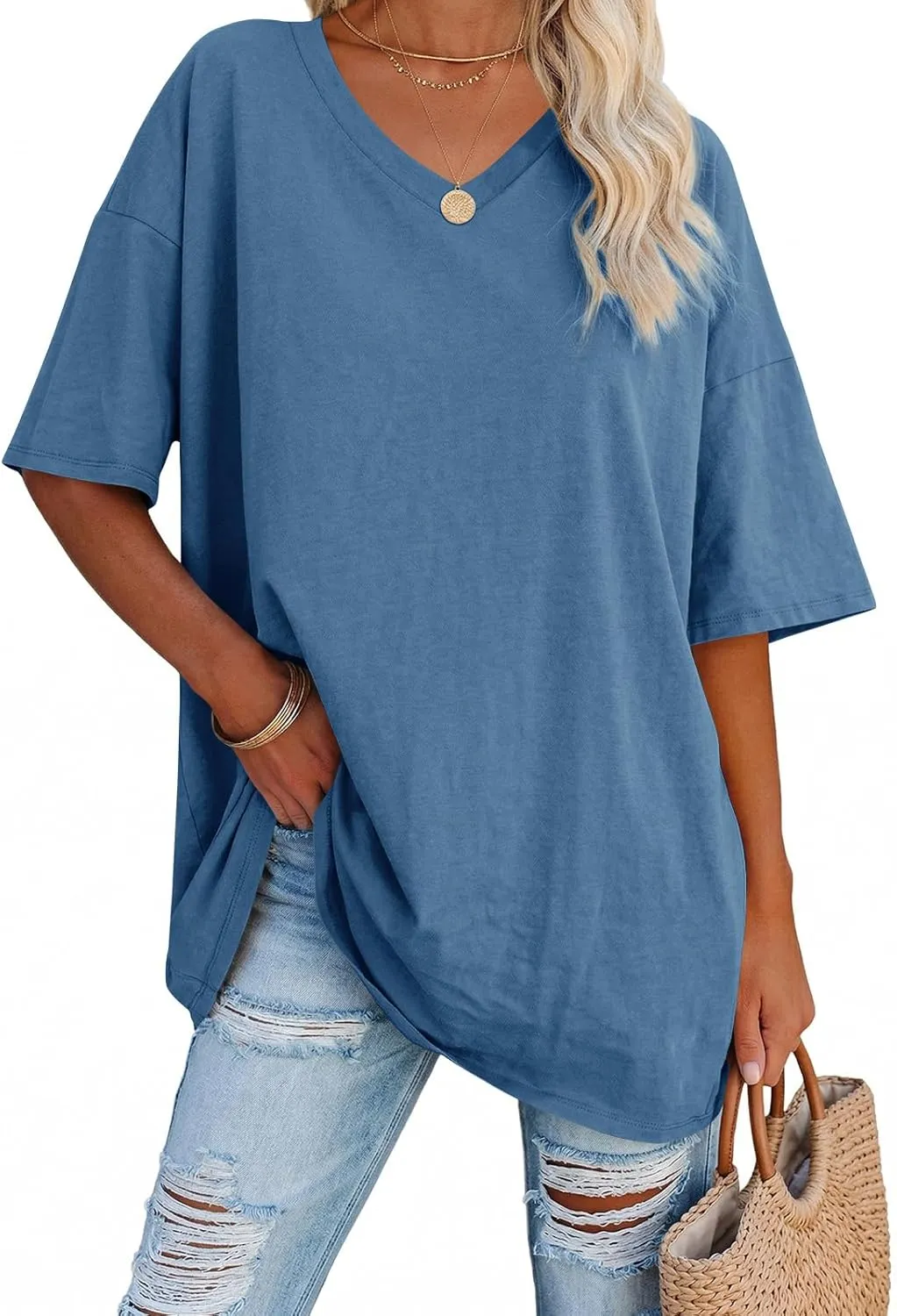Ebifin Women's Oversize T-Shirt with V-Neck, Short-Sleeve Casual Loose Basic Summer T-Shirts, Blouse