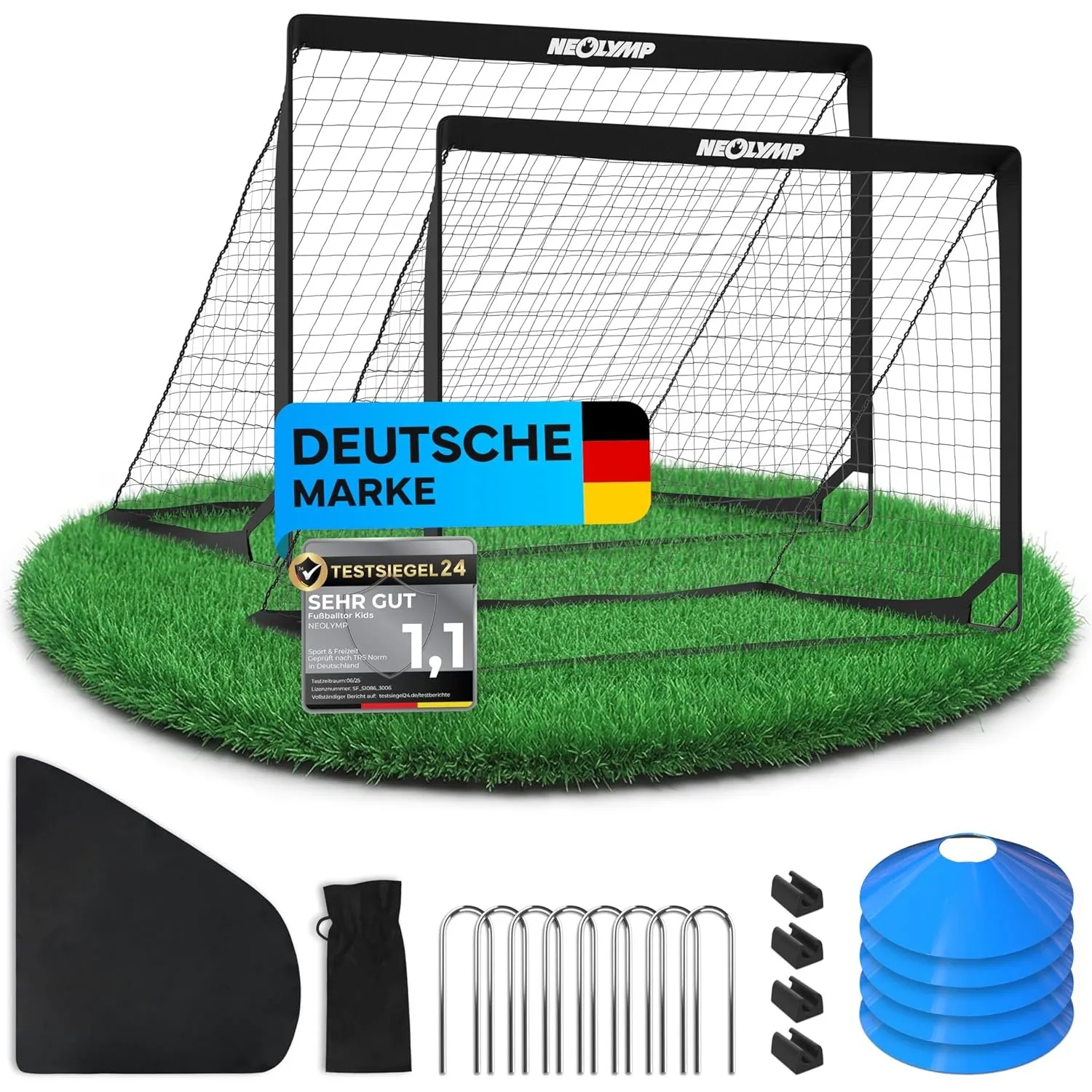 NEOLYMP Fußballtor Kinder Set – Faltbare Tore für Garten & Outdoor – Robuste 9 mm Fiberglas-Stangen – Mit Hütchen, Kara…
