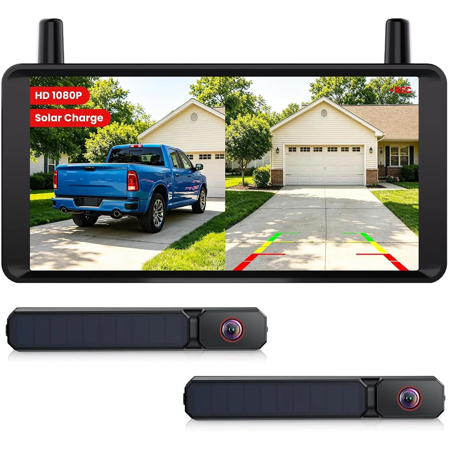 AUTO-VOX Dual Rückfahrkamera Kabellose Solar mit 6" 16:9-HD Display