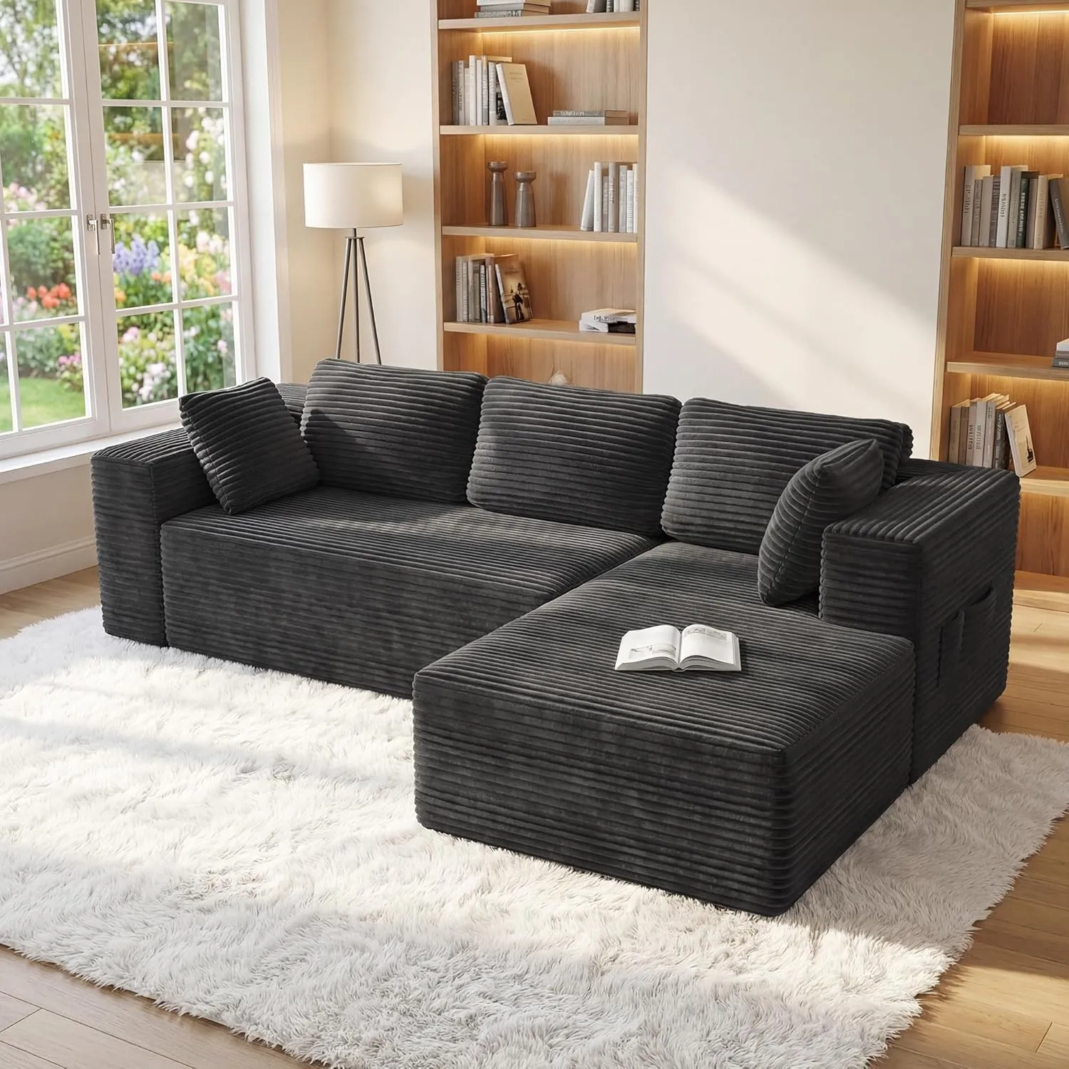 Xbro Ecksofa L-Form modular, Montagefrei Cord Couch 3-Sitzer, Flexibel kombinierbar mit Kissen & Seitentaschen, Für Woh…