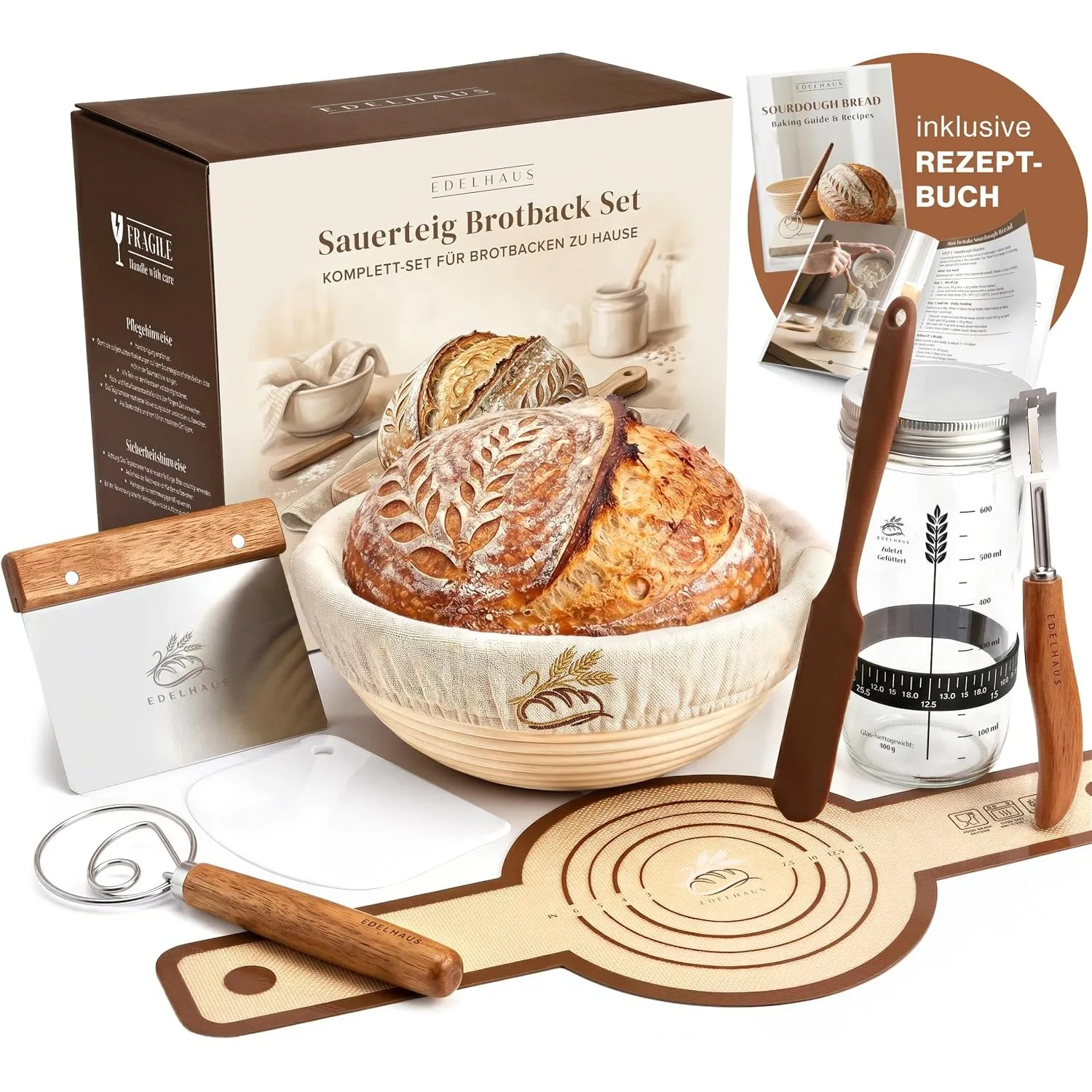 EDELHAUS Sauerteig Starter Set 7-teilig, Gärkörbchen Rund zum Brot backen