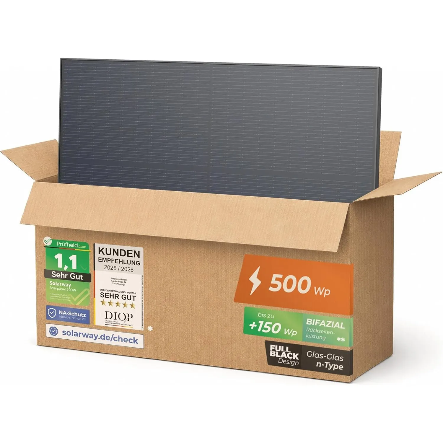Solarway 500W Solarpanel Full Black Bifazial Glas/Glas PV Panel mit positiver Leistungstoleranz von 0-5 Watt, n-type, g…