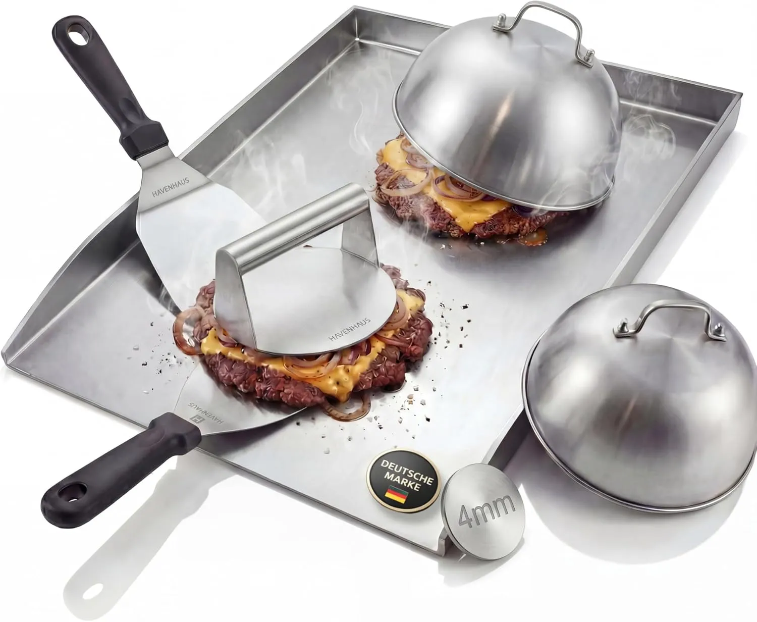 HAVEINHAUSS Stainless Steel Grill Plate [40 x 30 cm] Set XXL with Comprehensive Smash Burger Accessories, 6-Piece Premi…