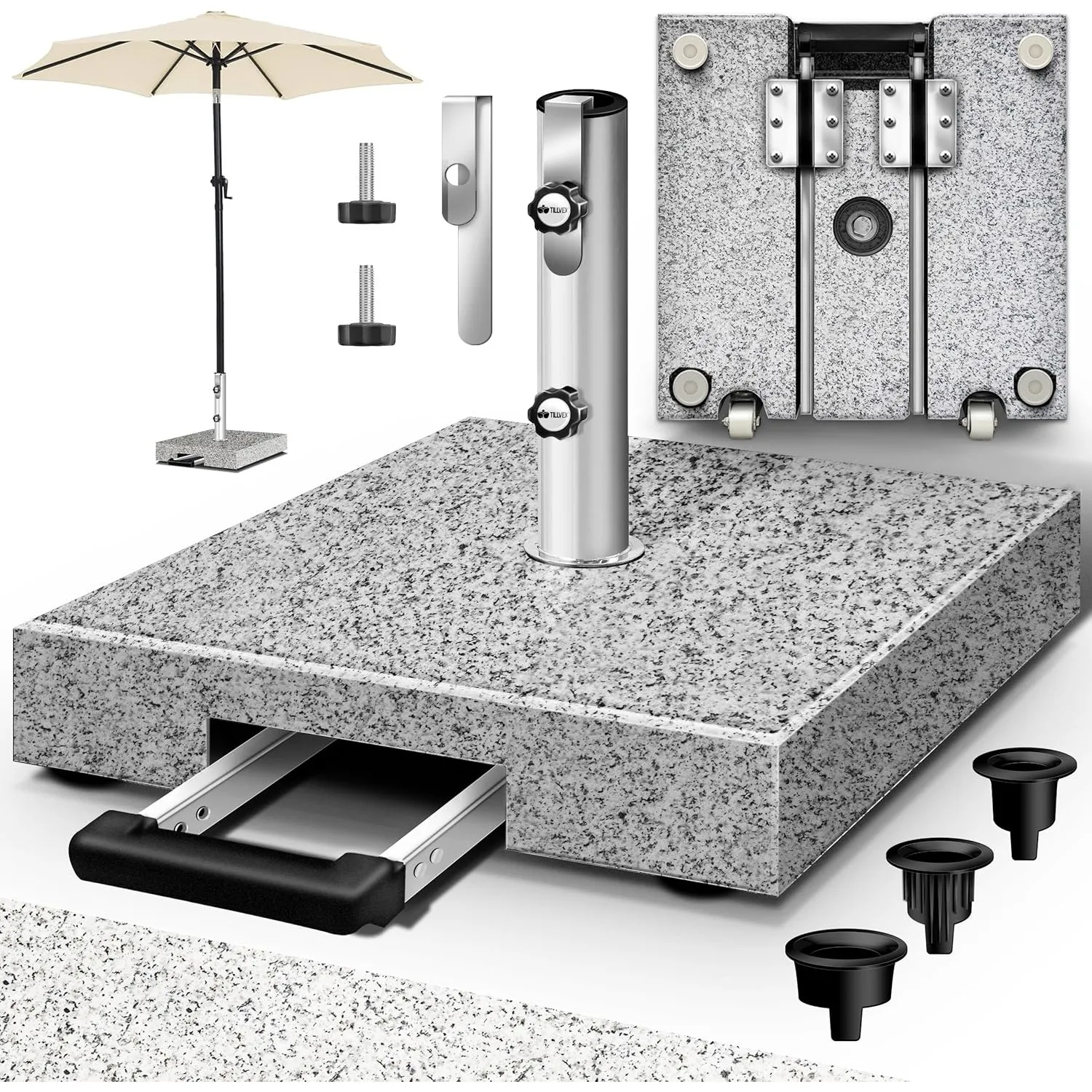 tillvex® Granit Sonnenschirmständer mit Rollen & Trolley-Griff 27 kg Eckig | Schirmständer Sonnenschirm mit Edelstahlro…
