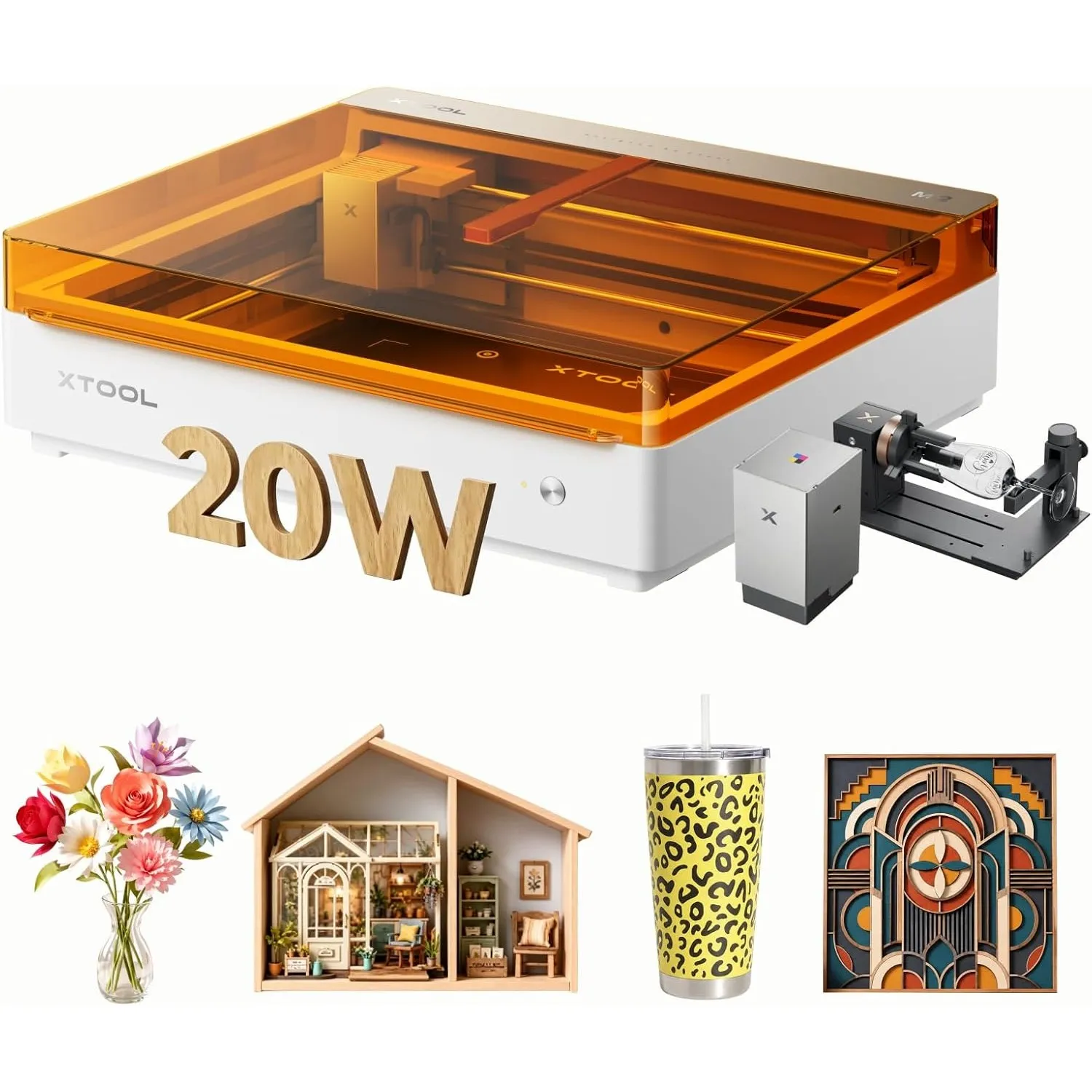 xTool M2 20W Laser Graviermaschine mit CMYK-Drucker und RA3 Lite Rotationszubehör, geschlossener Laserschneider für Tri…