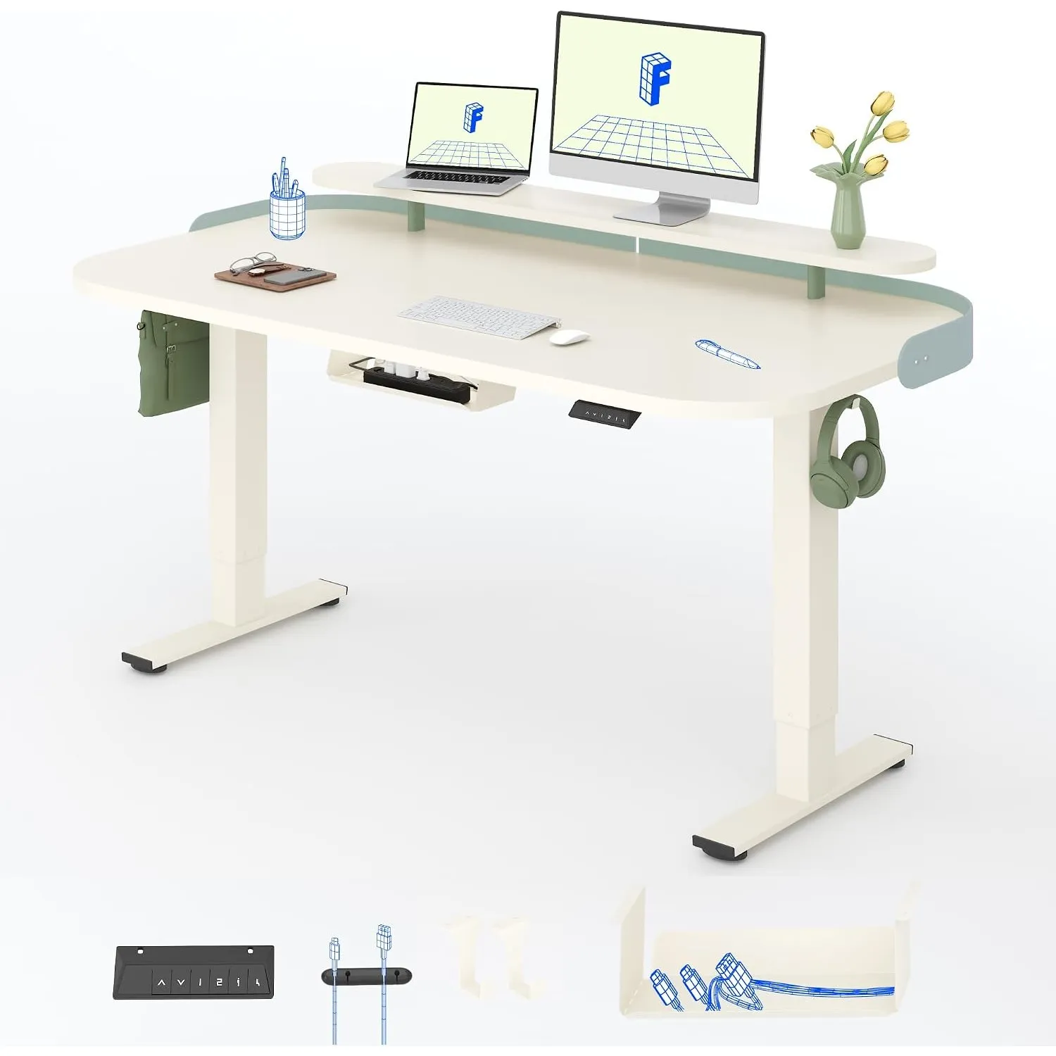 FLEXISPOT Elektrisch höhenverstellbarer Schreibtisch 140x80 cm – mit Monitoraufsatz und seitlichem Lederband, 71,5–116 …