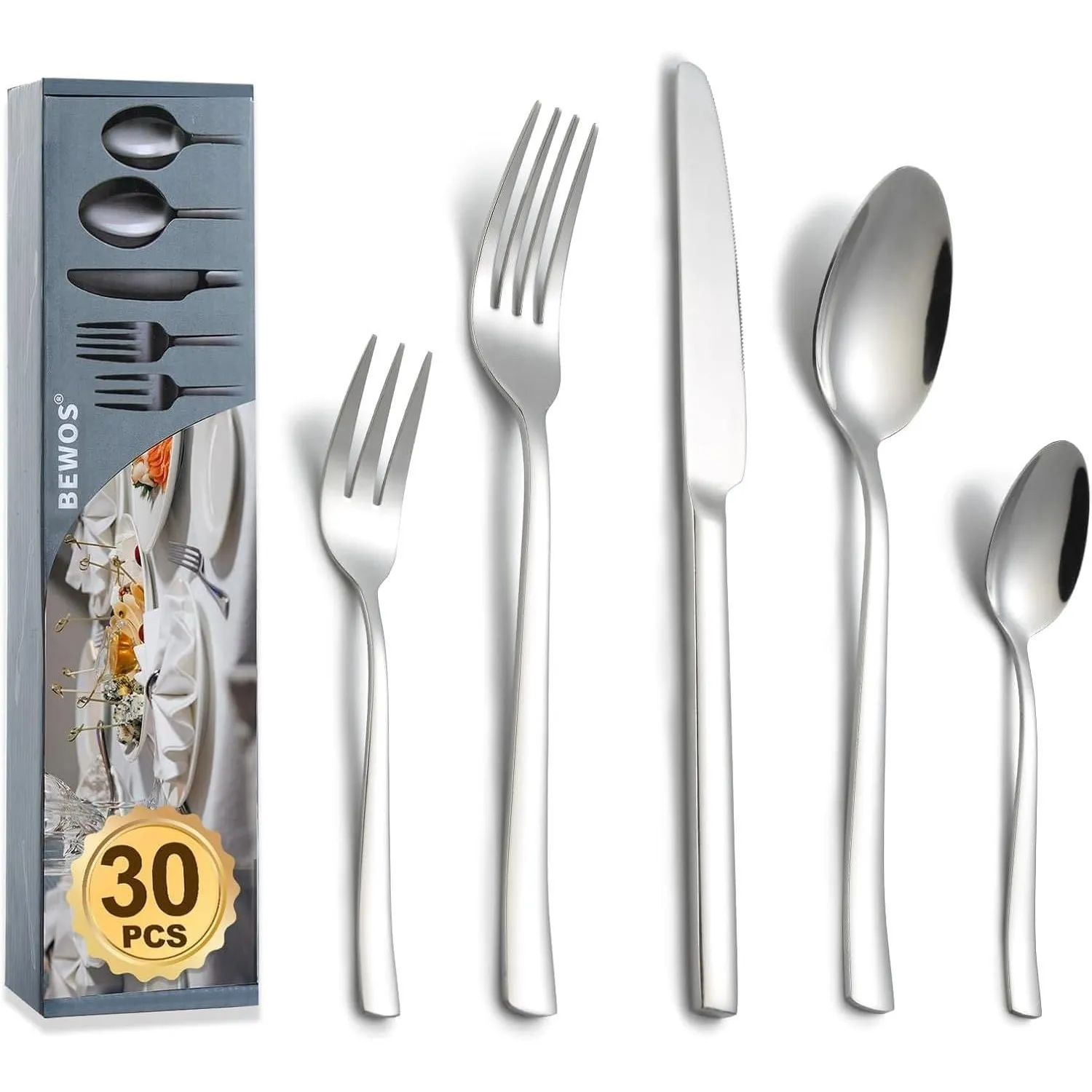 BEWOS Besteckset für 6 Personen, Silber 30-teiliges Besteckset aus Edelstahl, inklusive Messer, Gabeln und Löffel, hoch…