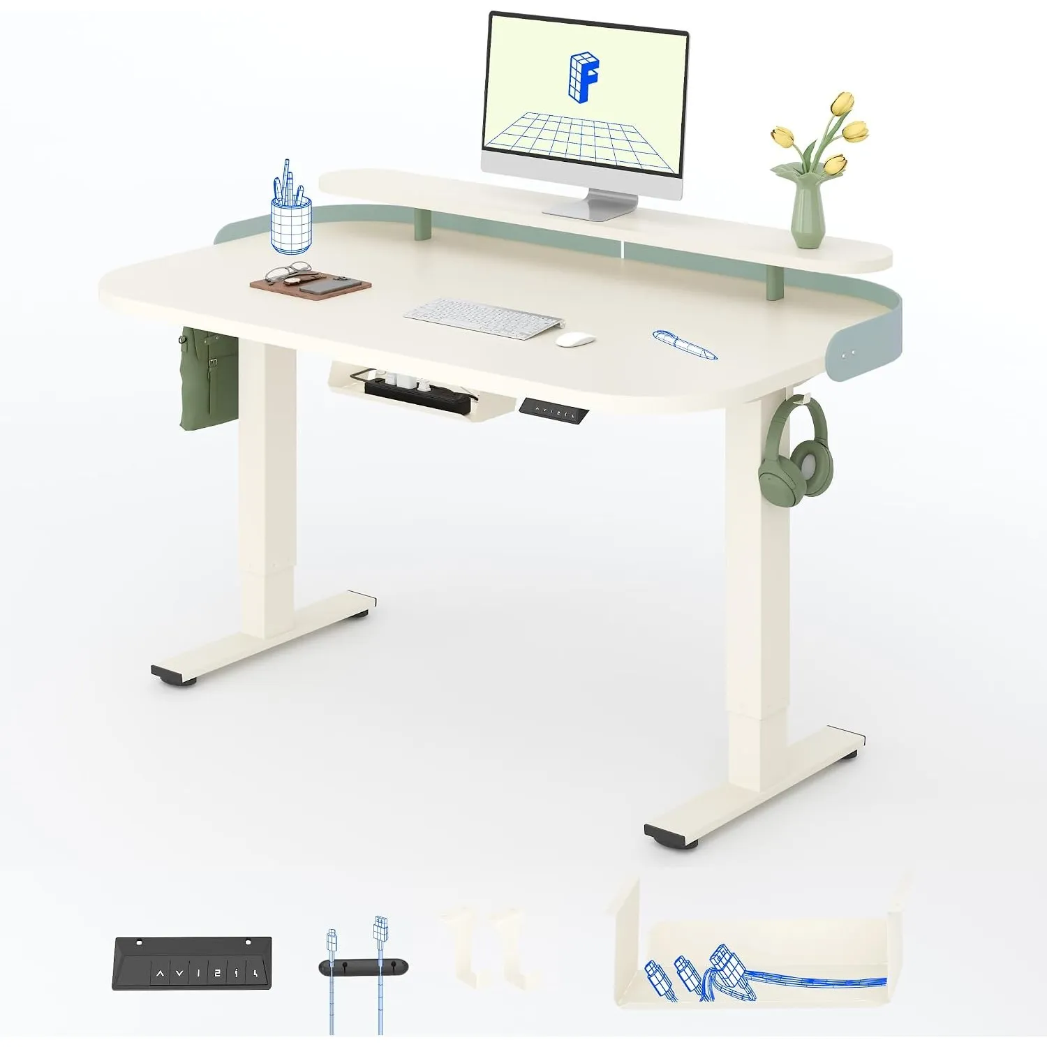 FLEXISPOT Elektrisch höhenverstellbarer Schreibtisch 120x80 cm – mit Monitoraufsatz und seitlichem Lederband, 71,5–116 …