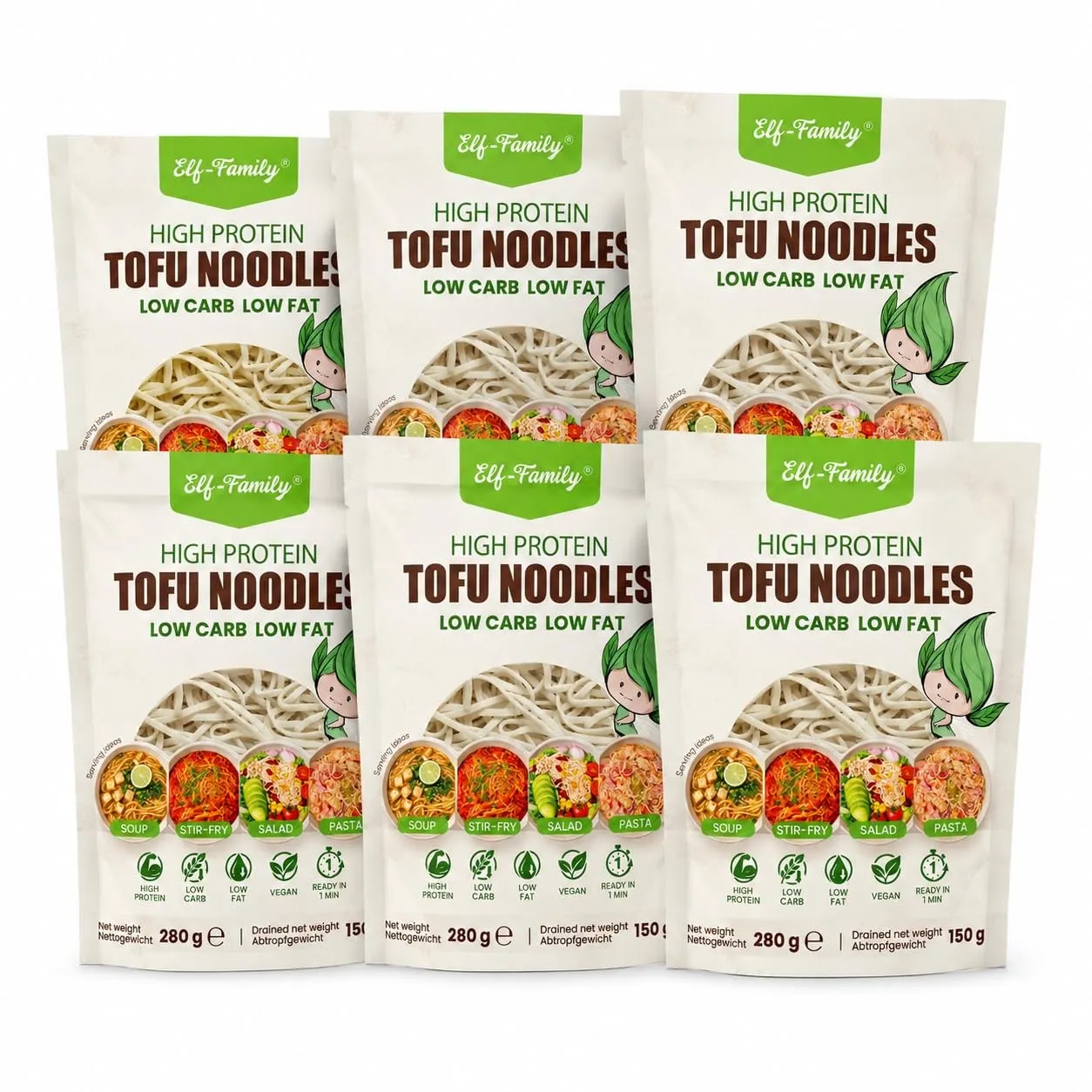 Elf-Family 280g×6er pack Tofu-Nudeln - Instant Nudeln High Protein,Weniger Kohlenhydrate, Low Carb, Vegan, schnelle Zub…