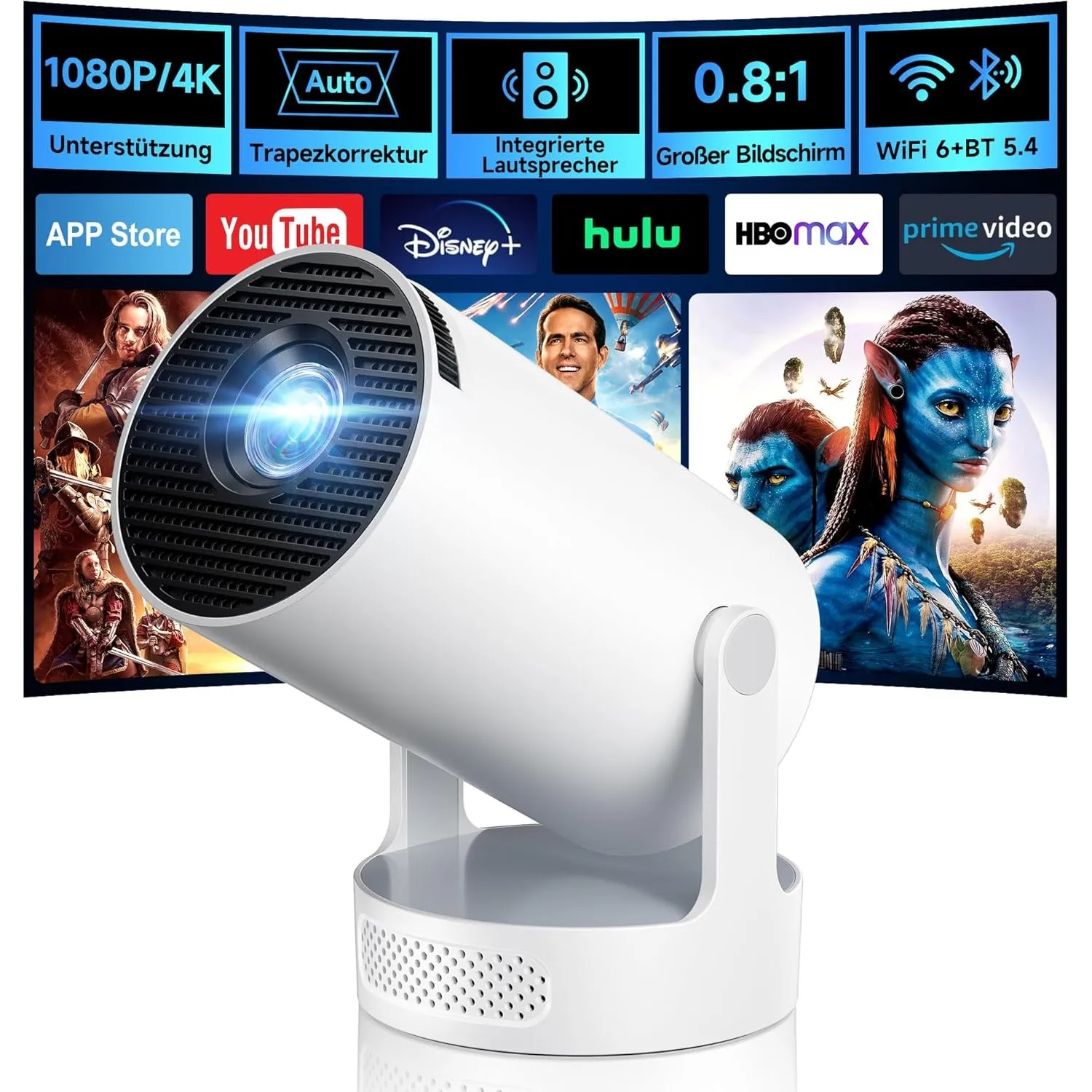Mini Beamer, Philoent Smart Projektor 4K/1080P Unterstützt Neueste Apps WiFi 6 Bluetooth 5.4 Auto Screen Trapezkorrektu…