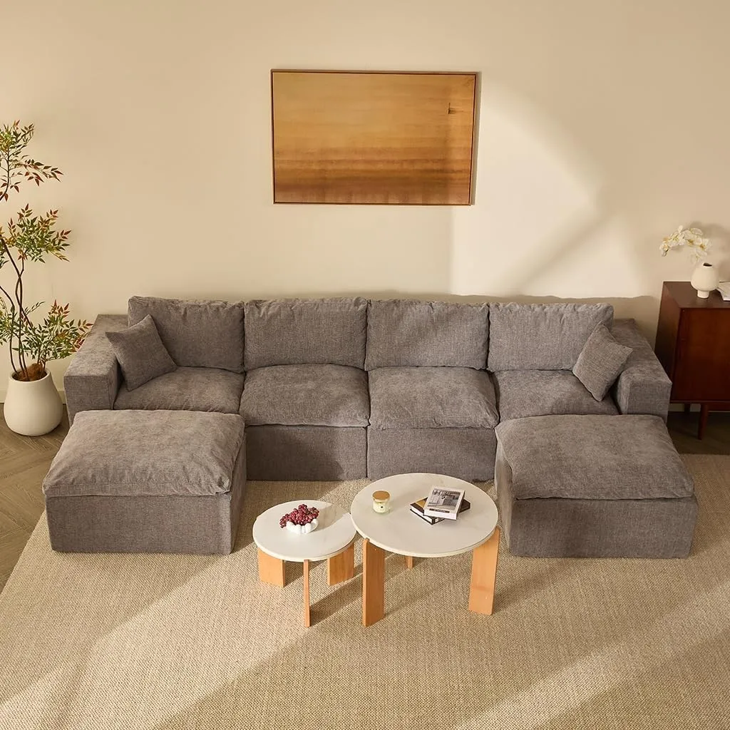Modulares Ecksofa 340 cm mit Schlaffunktion, Chenille-Bezug, Grau