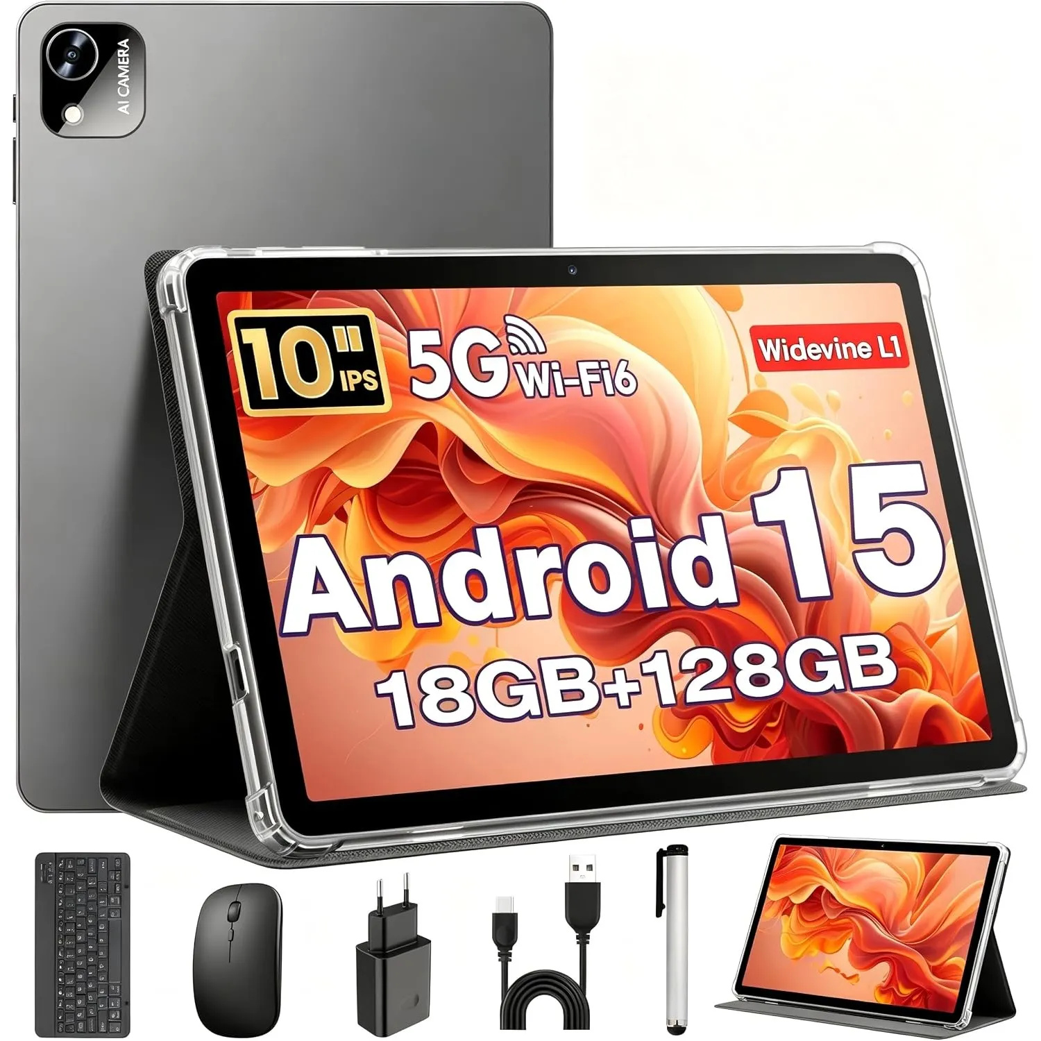 Tablet 10 Zoll, Android 15 Tablet mit Hülle, Maus & Tastatur, Octa-Core, 18 GB RAM + 128 GB ROM + 1 TB TF, 1280x800 HD …
