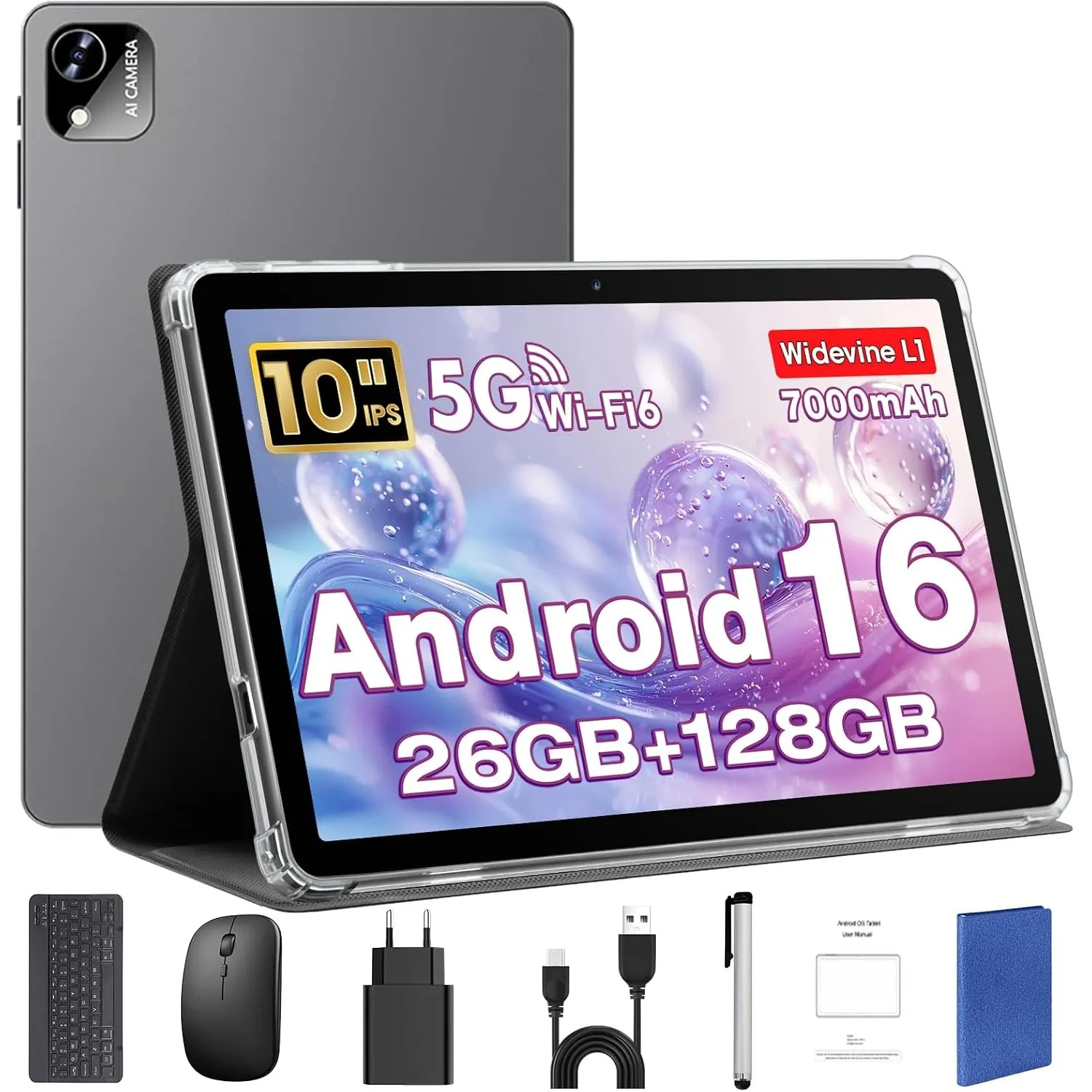 Android 16 Tablet 10 Zoll mit Tastatur, Maus & Stift, Unisoc T606 CPU, 26 GB RAM + 128 GB ROM + 1 TB TF, 1280x800 HD IP…