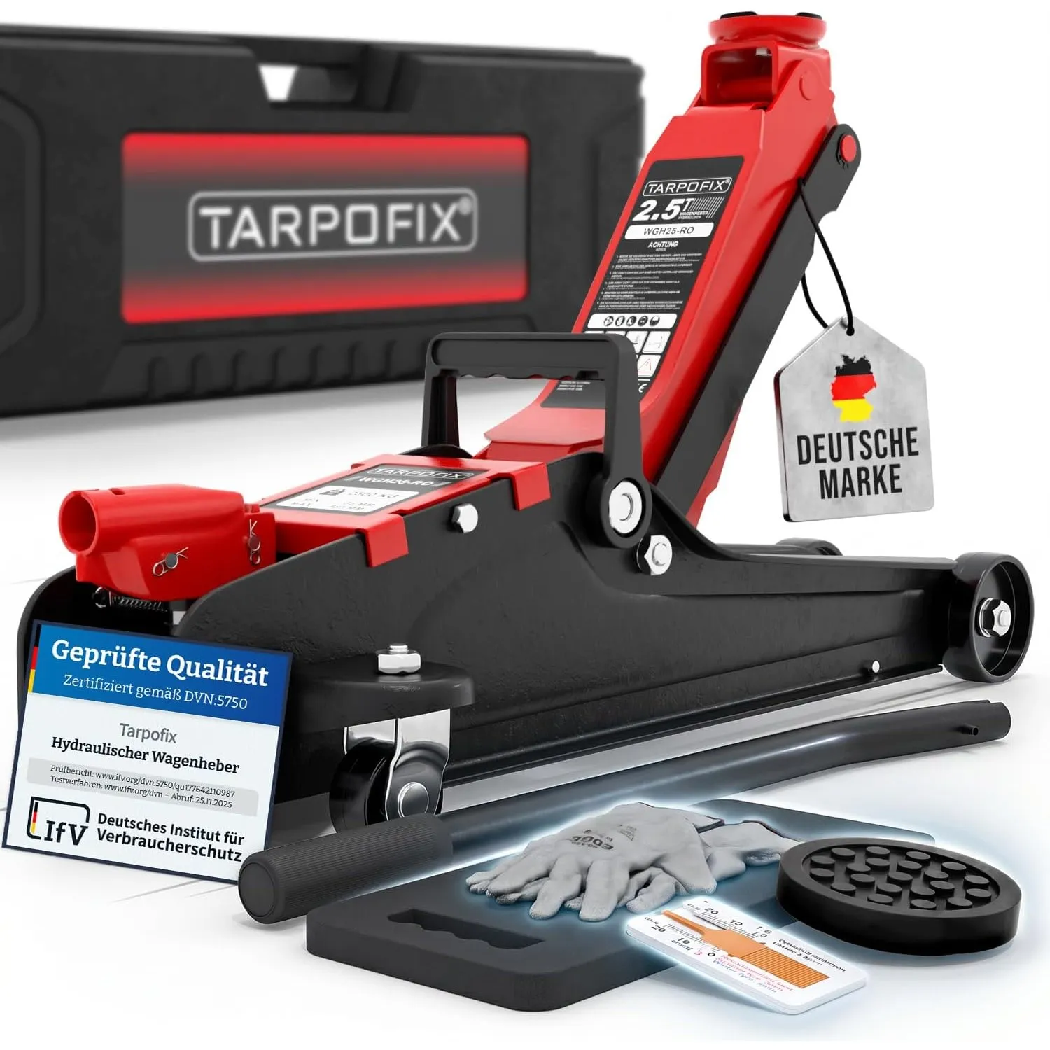 Tarpofix® Wagenheber 2,5t hydraulisch (85-380 mm Hubhöhe) | Premium-Komplettset Rangierwagenheber 2,5t mit Koffer | Hyd…