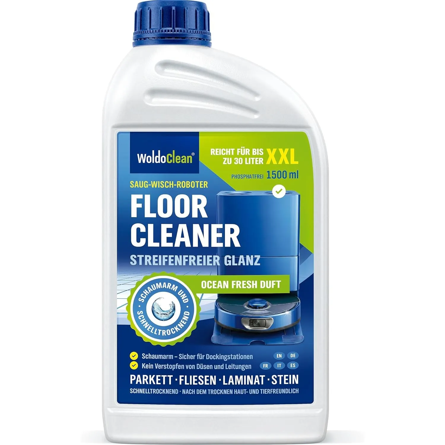 WoldoClean Reinigungsmittel für Wischroboter 1.5 l – mit Frischeduft für alle Bodenarten