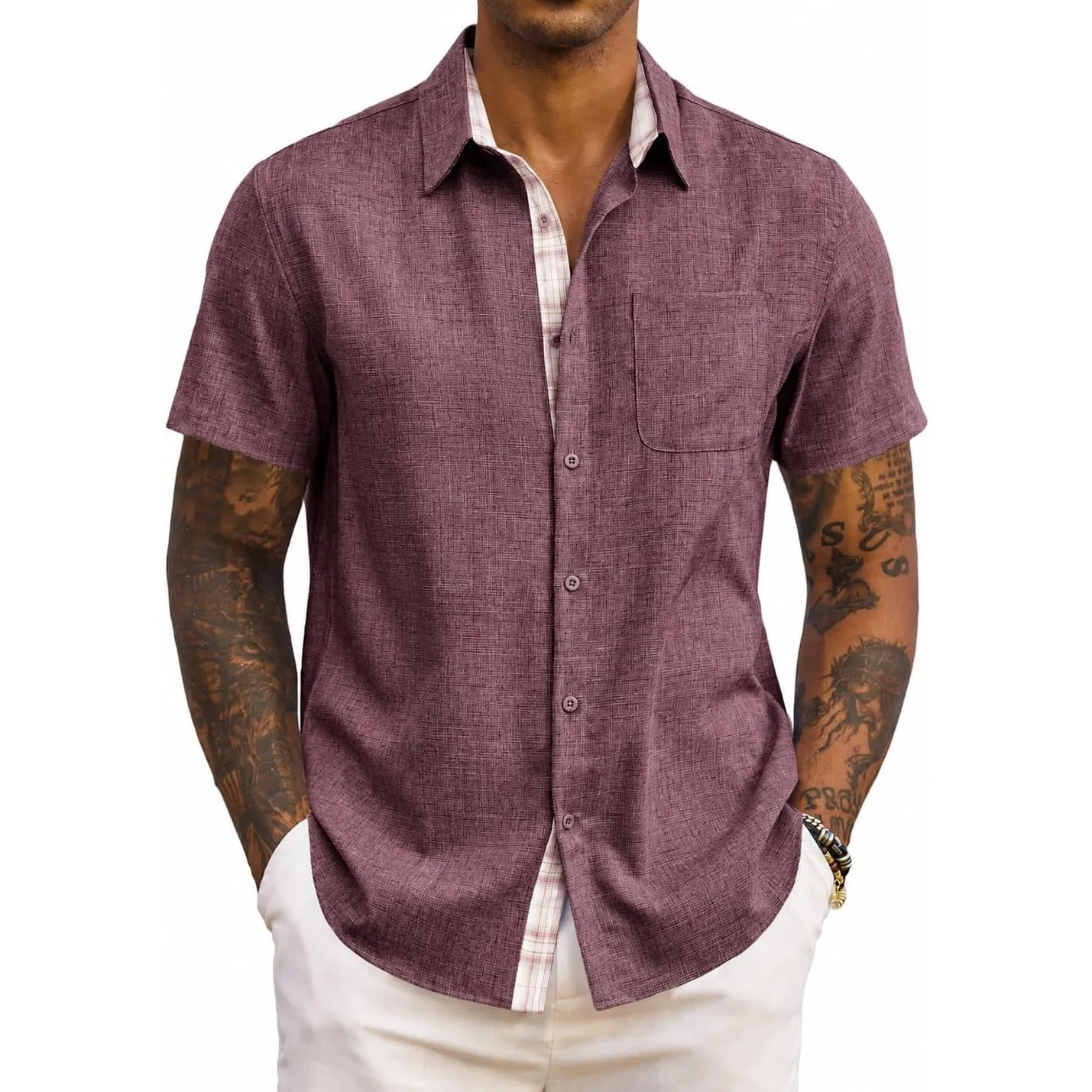 COOFANDY Herren Hemd Kurzarm Sommer Freizeithemd Regular Fit Casual Strand Hemd mit Karierte Hemdleiste