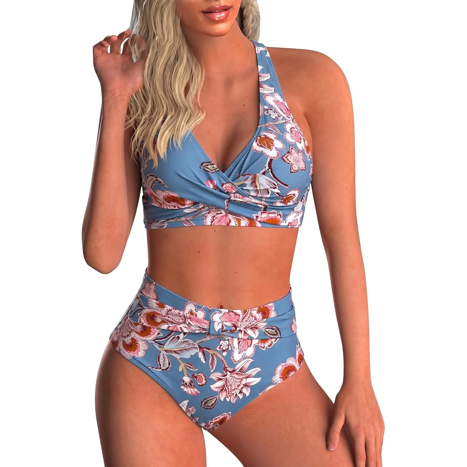 Adigaber Damen Zweiteiliger Badeanzug V Ausschnitt überkreuztes Blumenmuster Bikini Bademode Bauchkontrolle Bikini Sets
