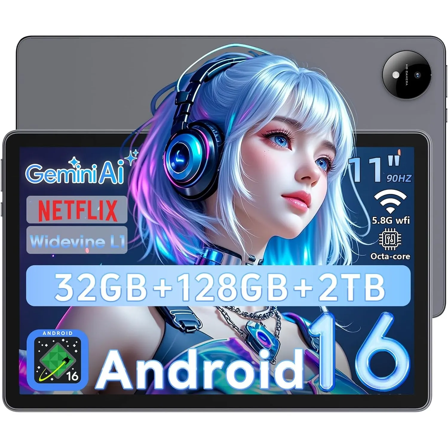 Tablet 11 Zoll Android 16 mit Gemini AI, T7250 Octa-Core, 32 GB RAM + 128 GB ROM(2 TB TF), 8 MP + 5 MP, 1920 x 1200 IPS…