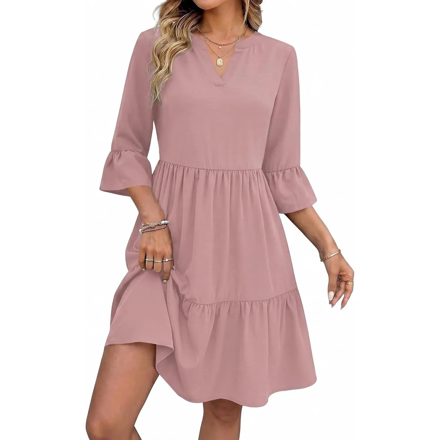 Zeagoo Sommerkleid Damen V-Ausschnitt 3/4 Arm A-Linie Knielang mit Taschen