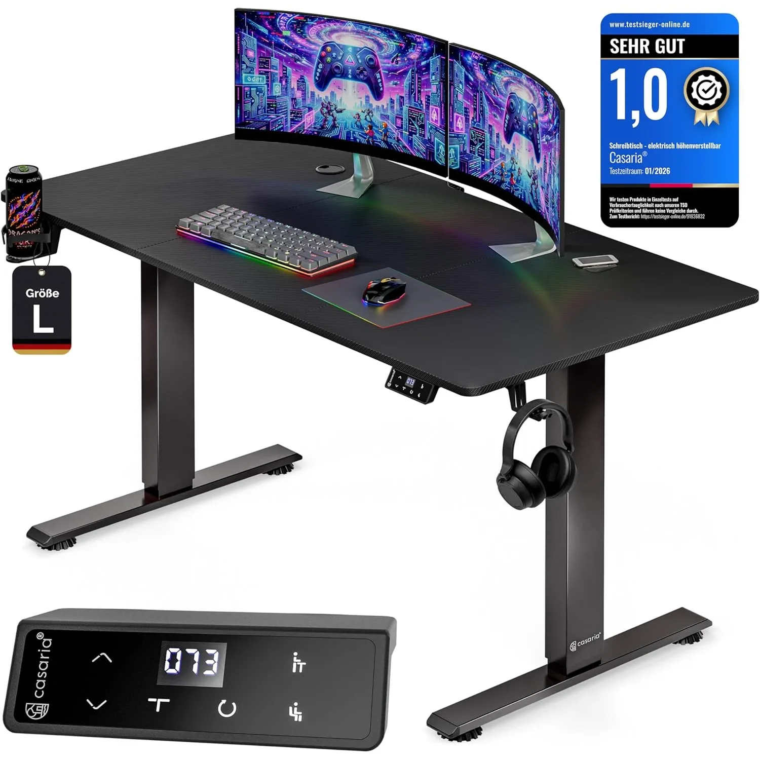 CASARIA® Höhenverstellbarer Gaming Schreibtisch elektrisch 140 x 70 cm mit Wireless Charger & USB-C/A Anschluss LCD-Dis…