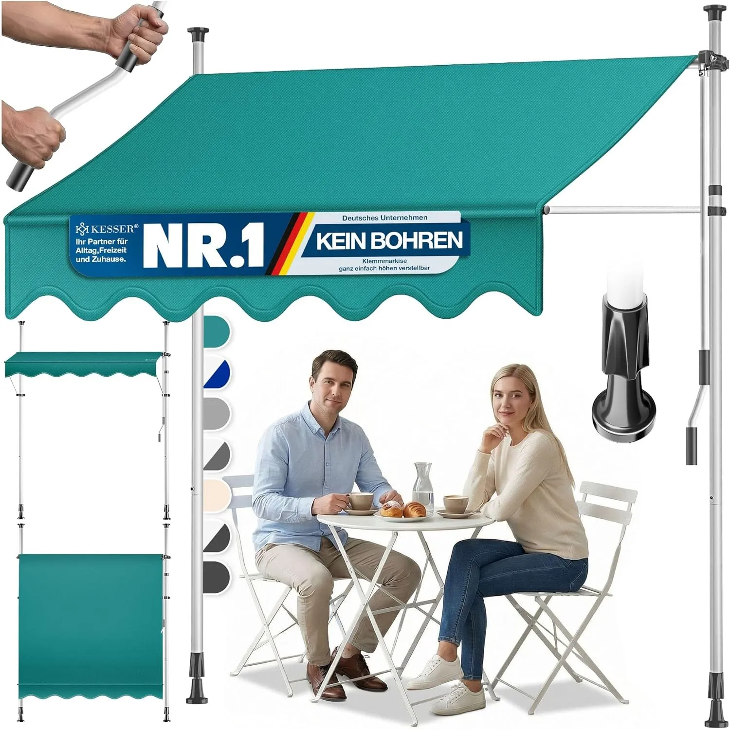 KESSER® Klemmmarkise mit Handkurbel Balkon | Balkonmarkise ohne Bohren | Markise UV-beständig höhenverstellbar & wasser…