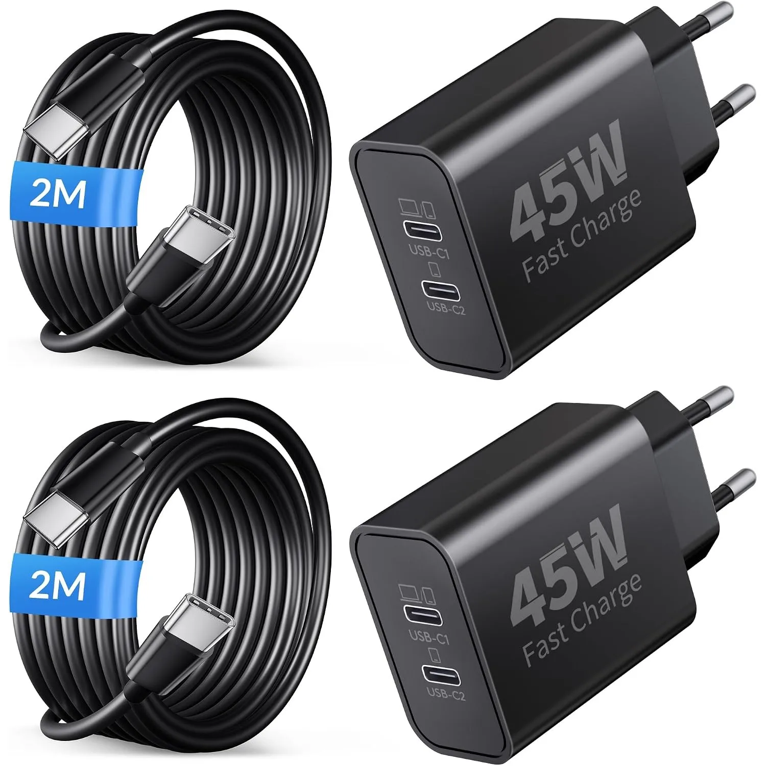 45W 2-Port USB C Schnellladegerät 2M Schnellladekabel für Samsung, 2Pack