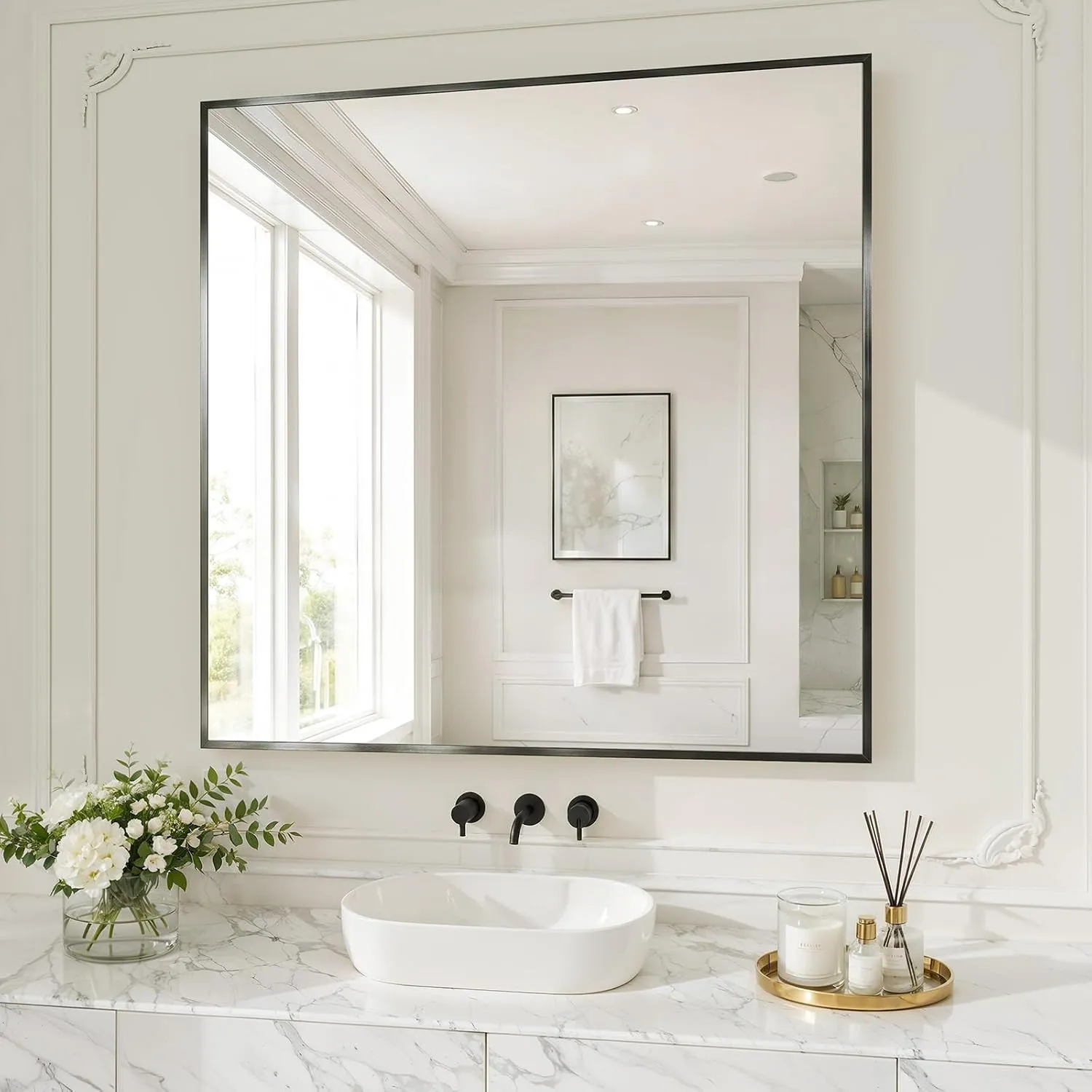 XRAMFY Badspiegel 90×90CM, Wandspiegel mit Bruchsicherer Spiegel aus Gehärtetem Glas, Spiegel Bad Rostschutz, Badezimme…