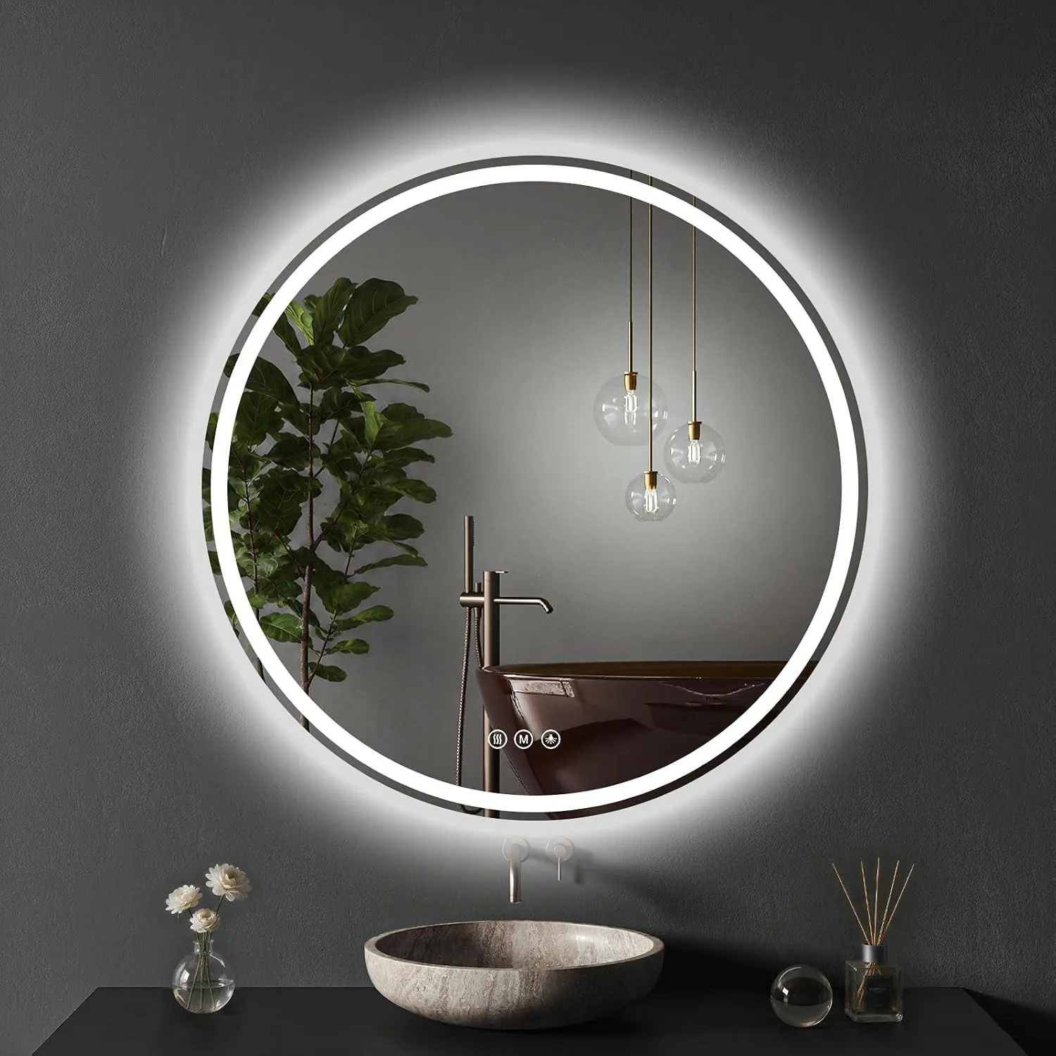 XRAMFY Badspiegel mit Beleuchtung 71cm*71cm, Antibeschlag, Rund Badezimmerspiegel mit Beleuchtung LED, 3 Lichtfarben, D…