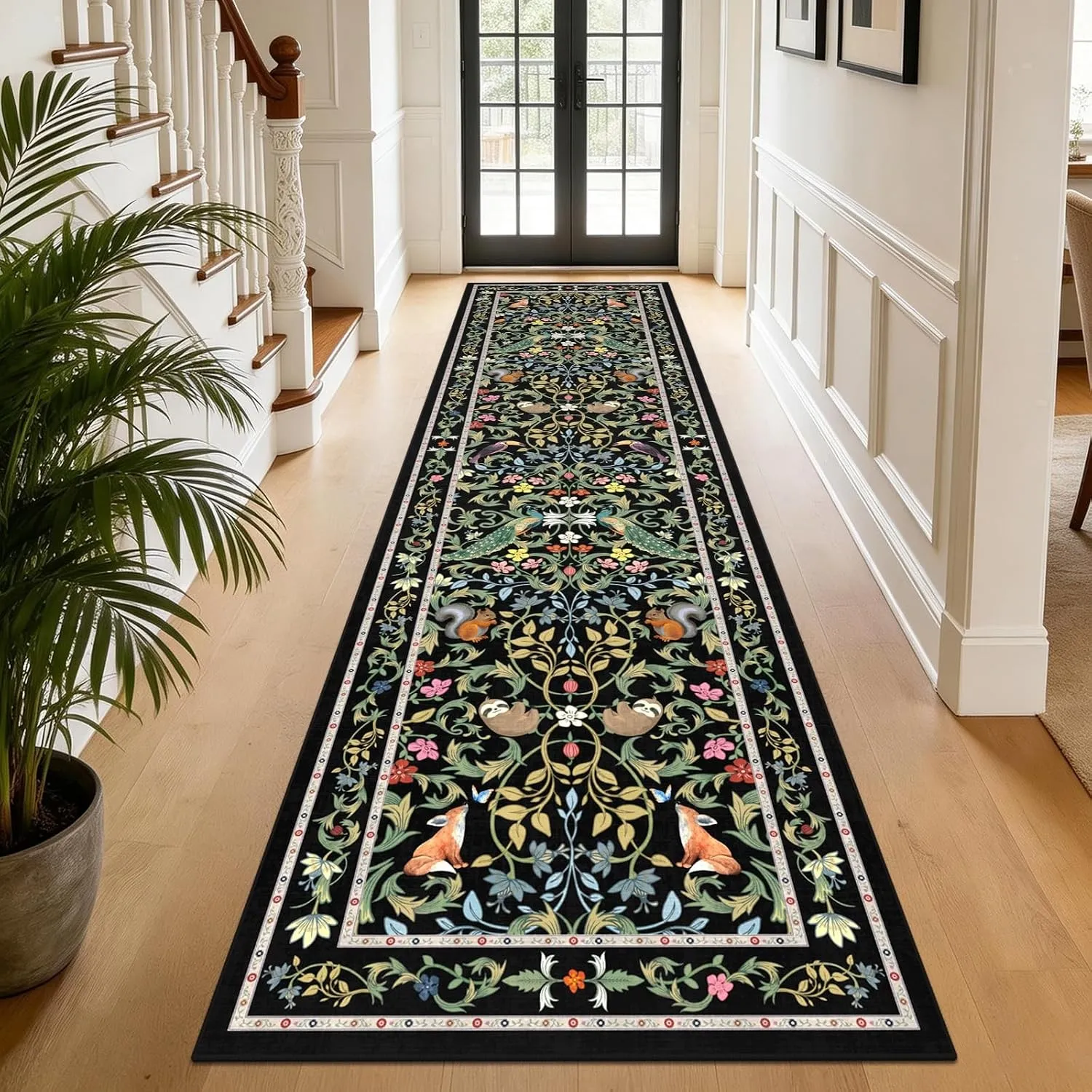 Teppich Läufer Flur rutschfest 80x300cm, Schwarz Waschbar Tiere Teppichläufer Flur, Boho Wald Küchenläufer, Kurzflor Kü…