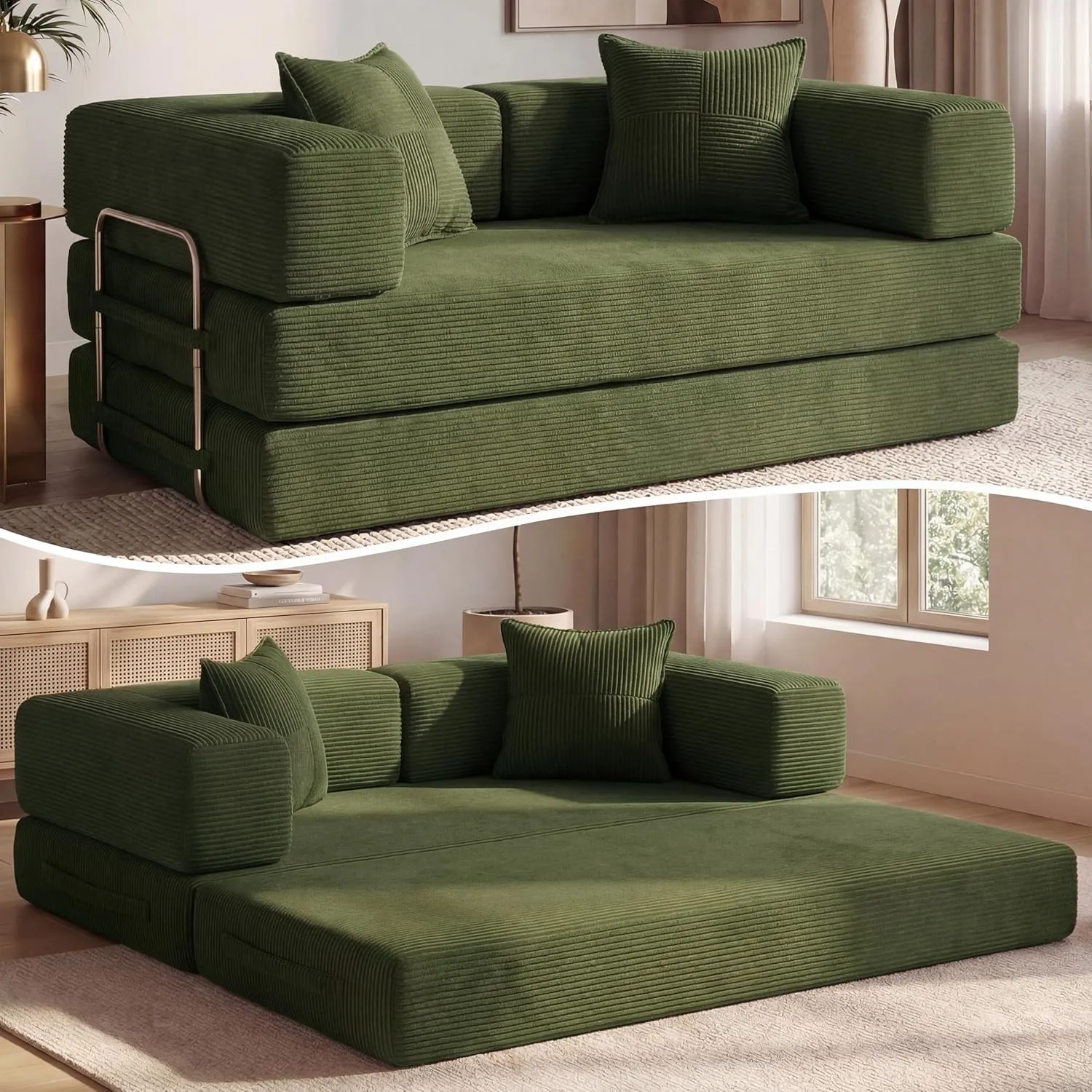 Vipbear Cordstoff Schlafsofa 160×90×70cm, 5-in-1 Umwandelbares Bodensofa aus Kord, Hochdichter Schaumstoff, Haustierfre…