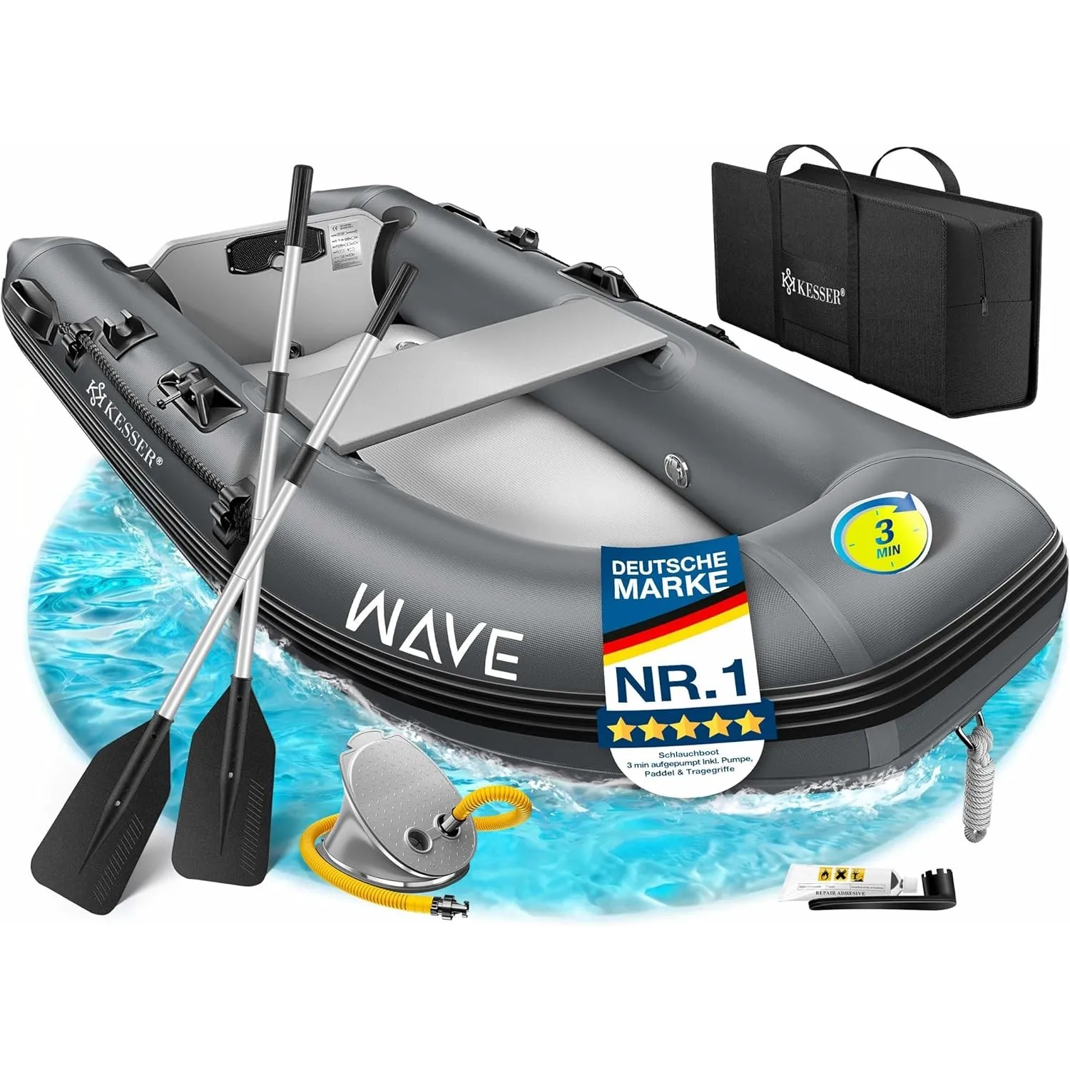 KESSER® Schlauchboot Wave 230-380 cm Set 6-teilig aufblasbar – Boot + Bank, Luftpumpe, Paddel, Reparaturset, Tasche, An…