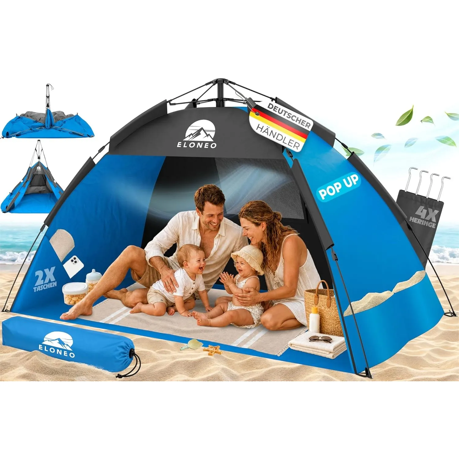 ELONEO Pop Up Strandmuschel UV Schutz 50+ | Strandzelt 190x100x110 cm | Leichter Aufbau und kleines Packmaß inkl. Trage…