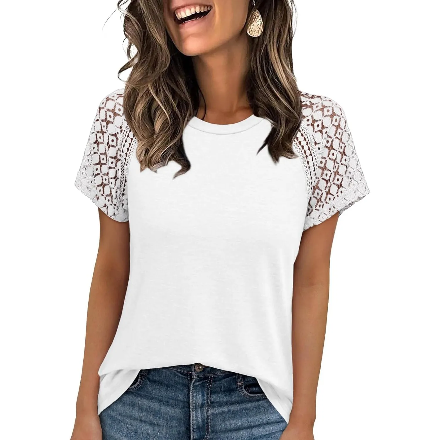 Chicrise Bluse Damen Spitze Kurzarm Top Basic Rundhals Elegant Lässig T Shirt Leicht Modische 2026