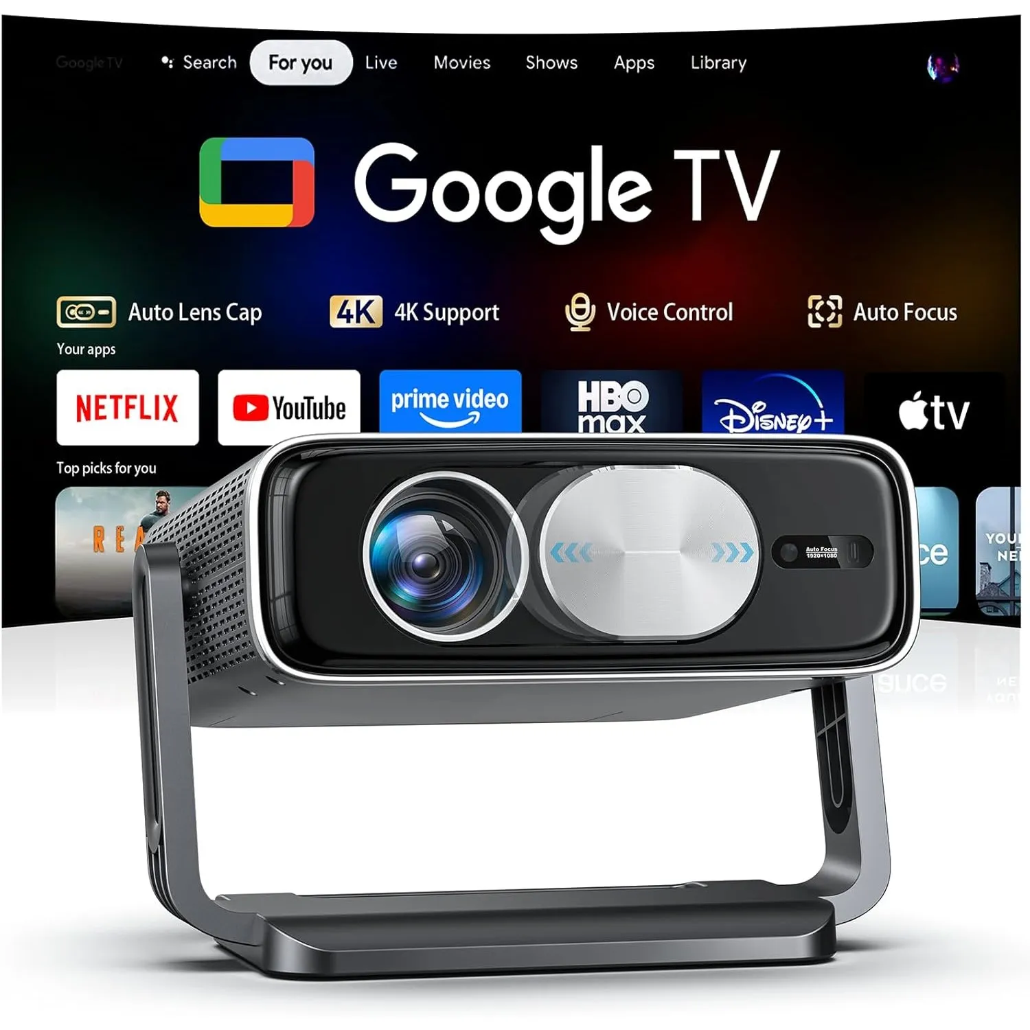 Smart Beamer mit Google TV Stick【Auto-Objektivabdeckung, 2500ANSI】 Beamer 4K Heimkino mit Autofokus & 6D Trapezkorrektu…