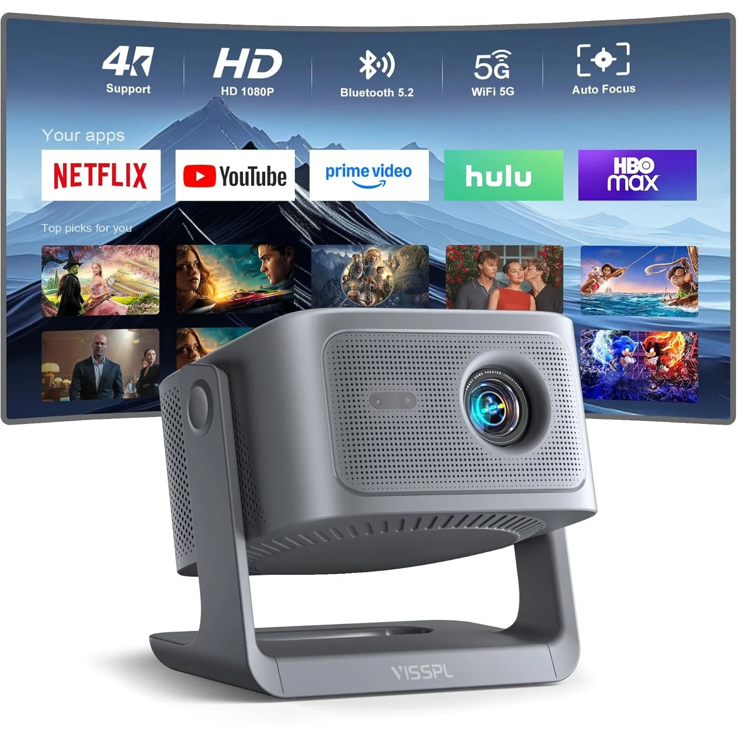 [30000Lumen & Offiziell lizenzierte App] Smart Beamer 4K Heimkino, VISSPL 3D Dolby Audio und Autofokus Outdoor Projekto…